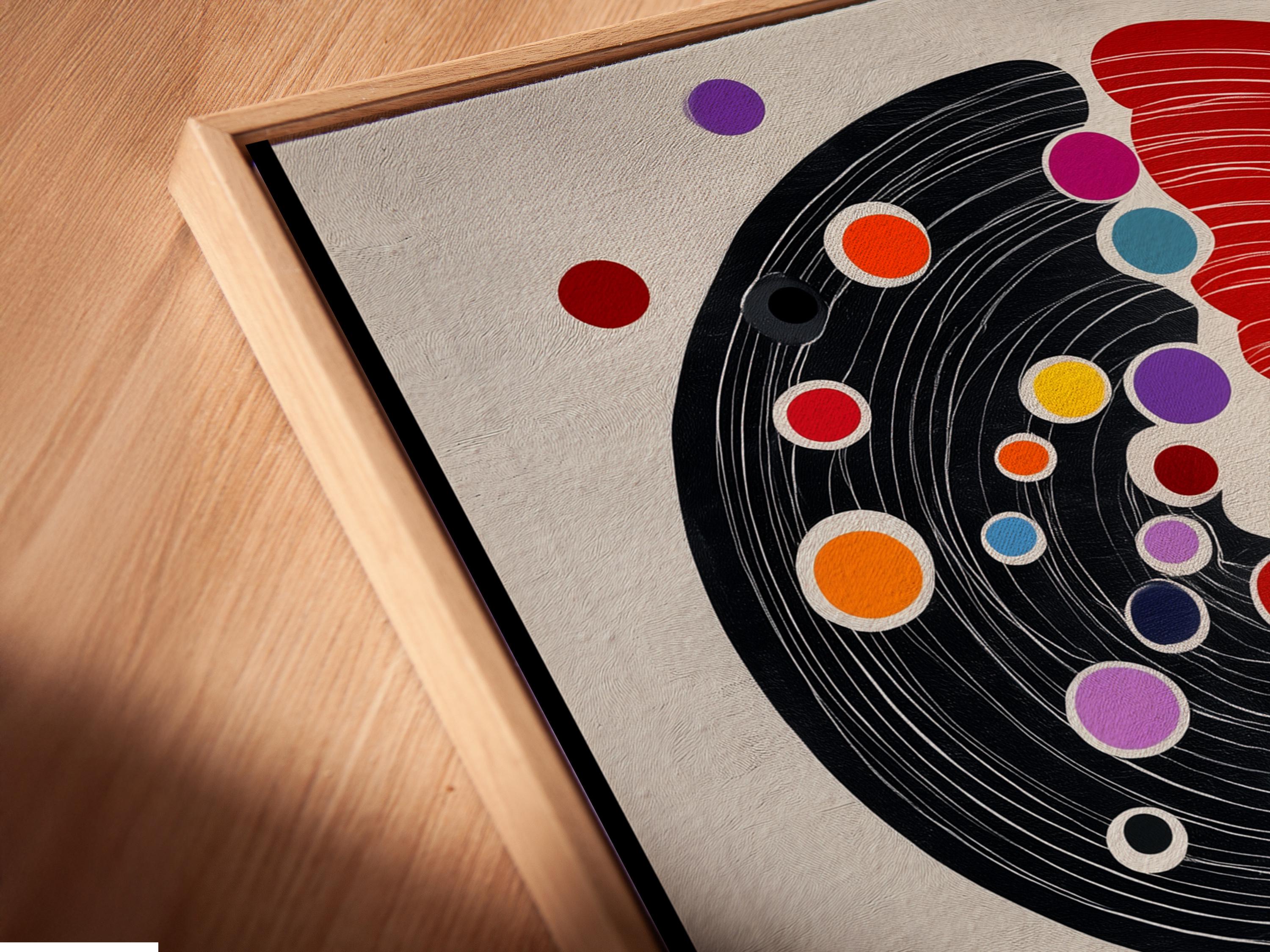 Abstract split circle design with red and black concentric arcs and colourful dot accents detail view