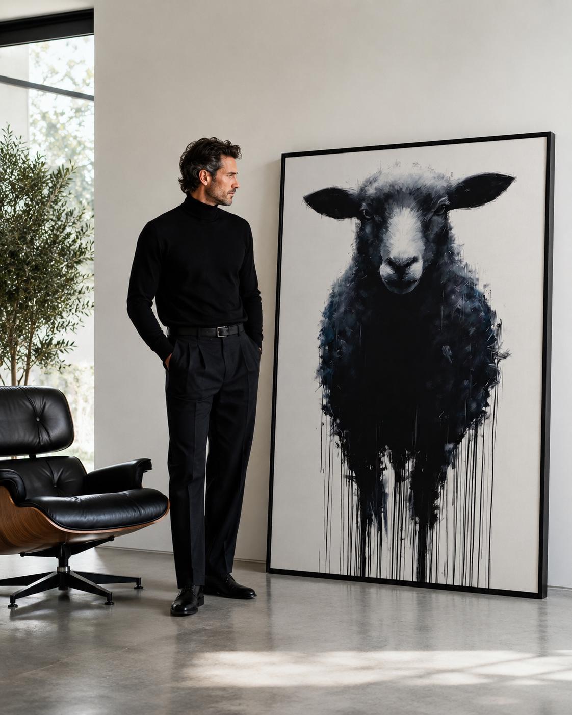Sheep portrait artwork displayed in a bright industrial-style room