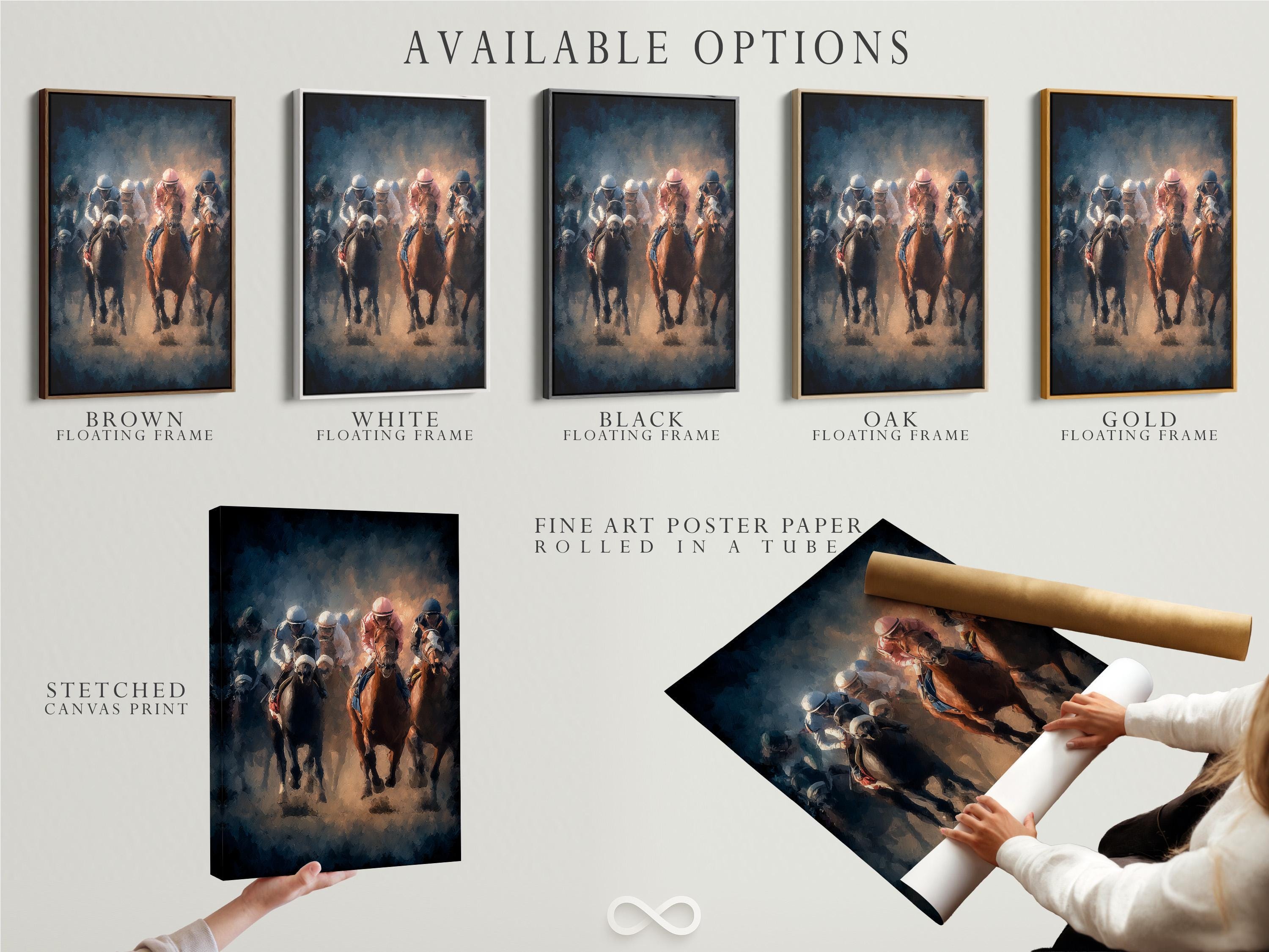 Horse racing artwork showing jockeys riding racehorses in smoky blue haze with warm orange highlights detail view
