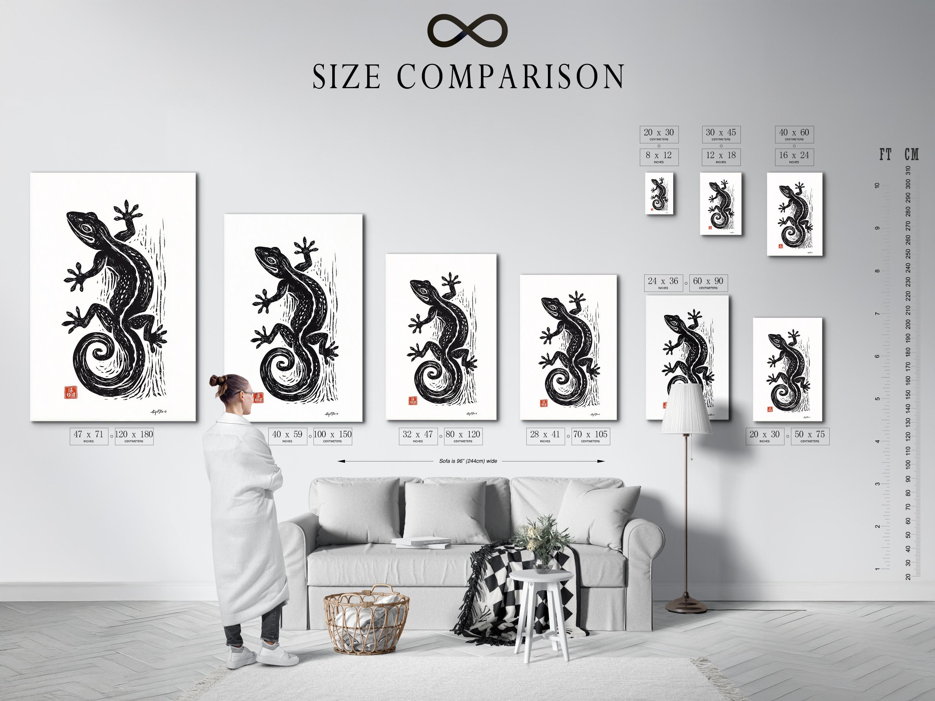 Room mockup showing framed lizard illustration on a wall with small red seal detail