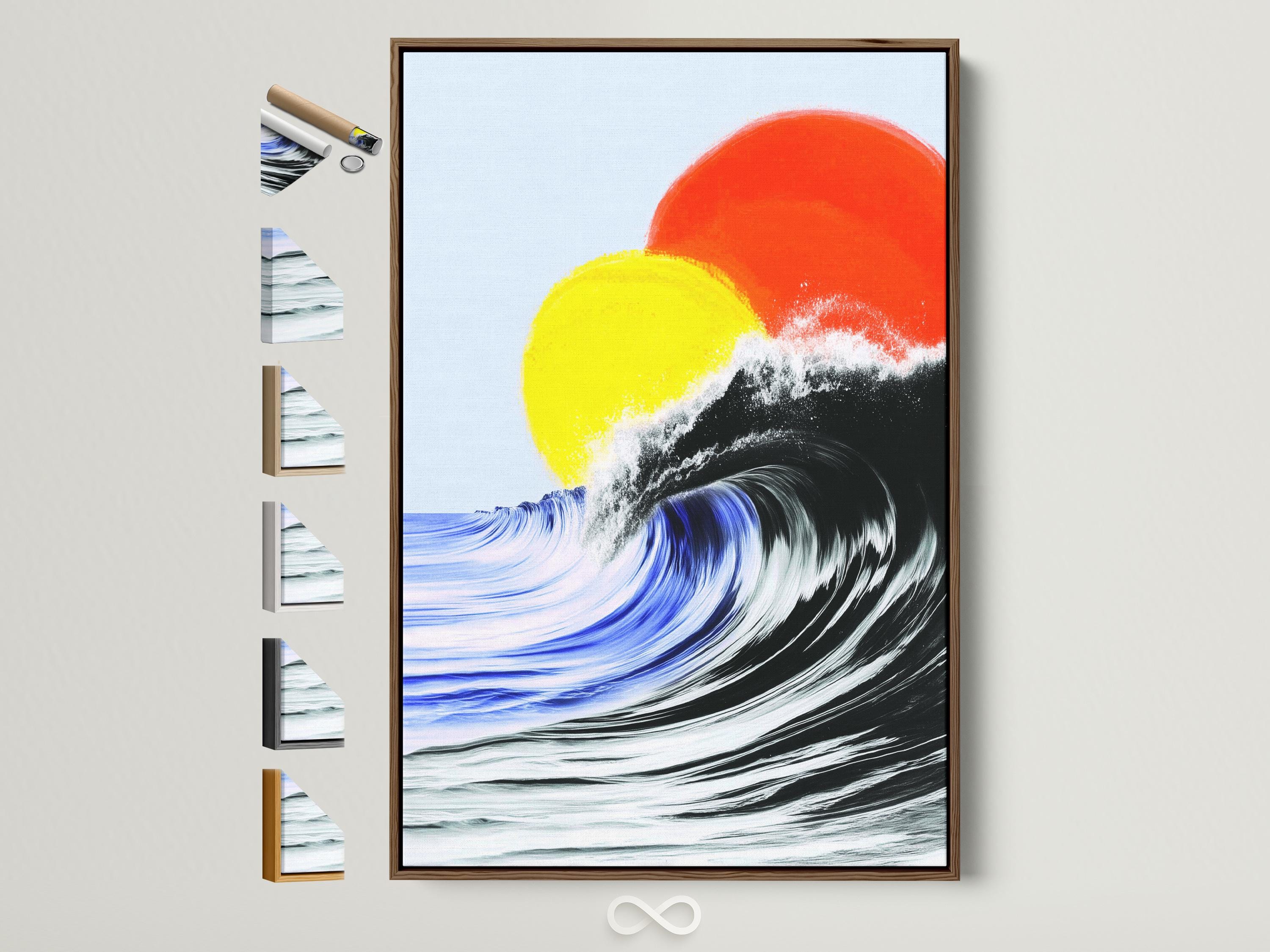 Room mockup showing a framed abstract ocean artwork on a wall near an open window and lounge area
