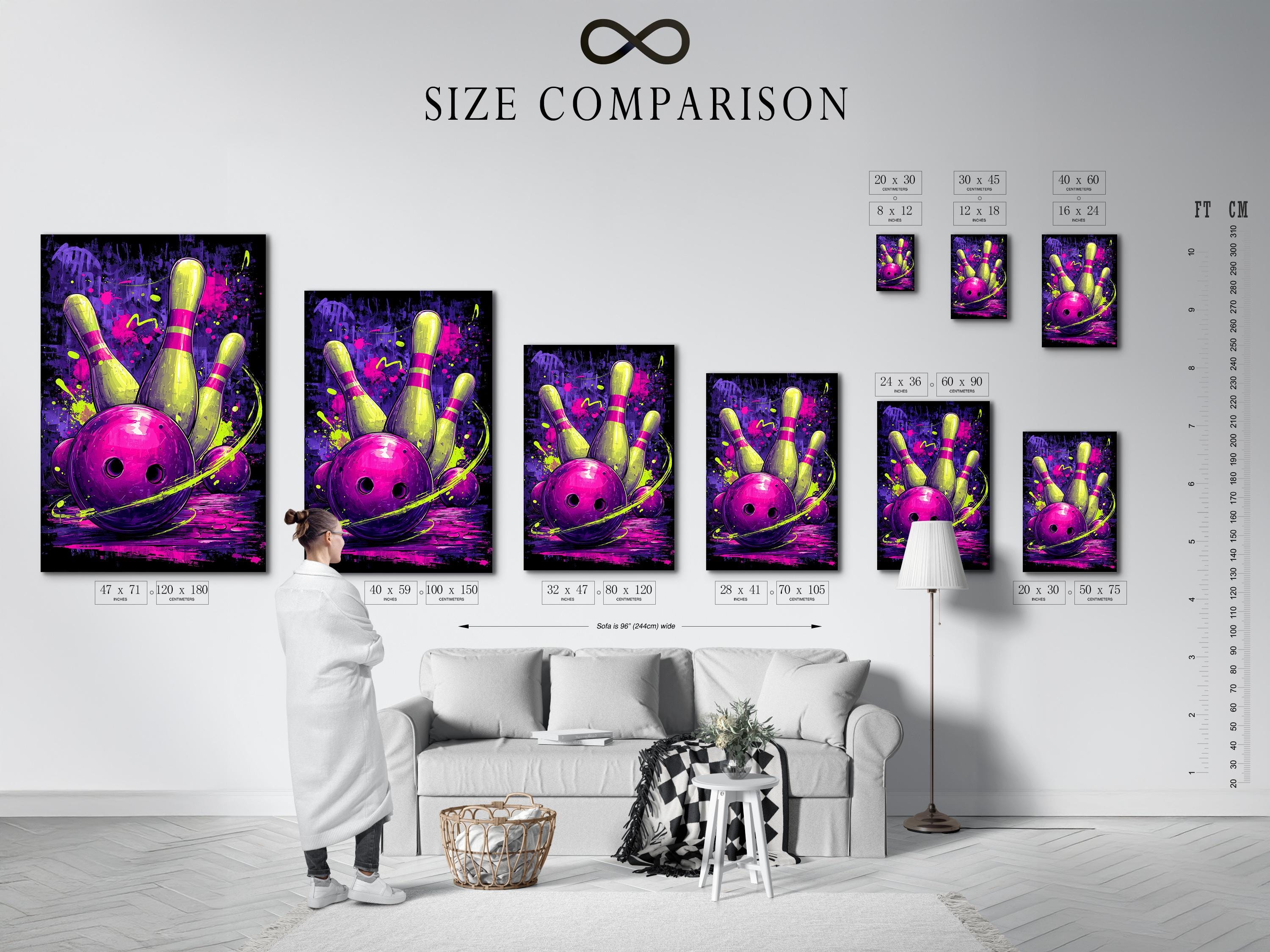 Neon purple and pink bowling pins and ball with yellow-green splatters detail view