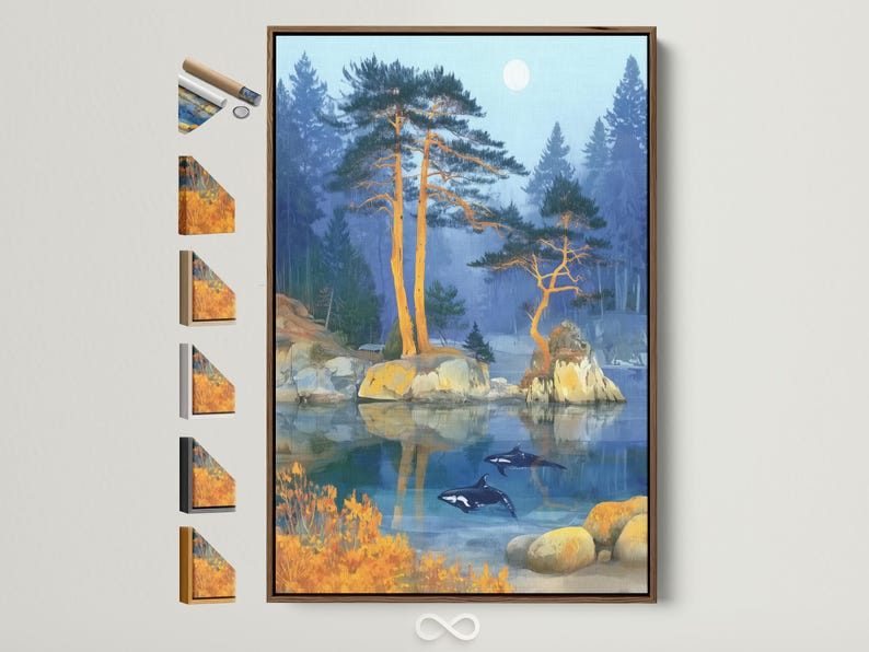 Misty blue lake landscape with golden trees, rocky shore and dark swimming aquatic animals