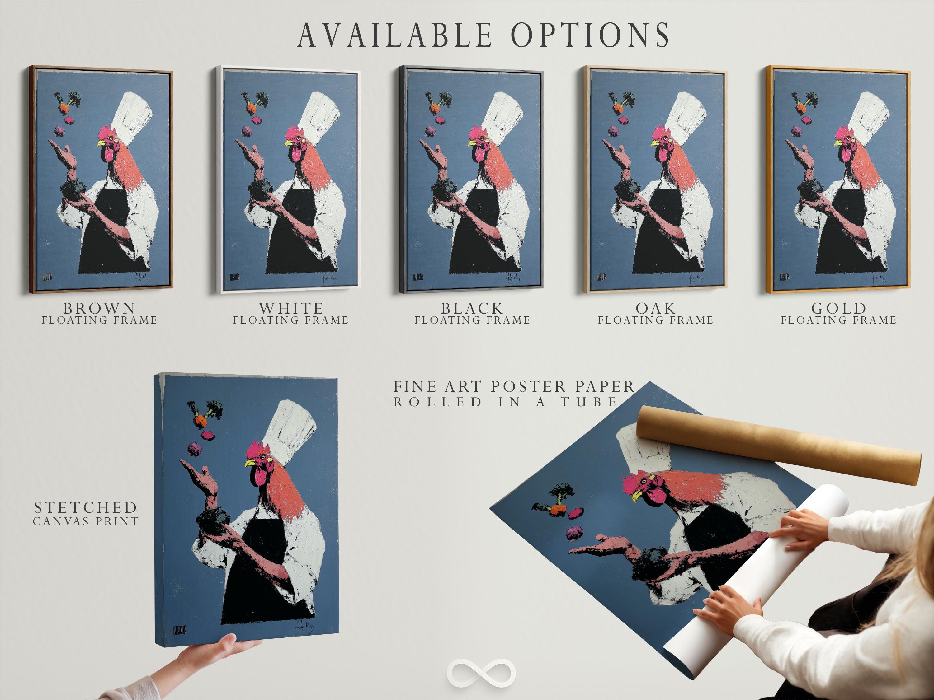 Rooster chef illustration with a tall white hat on a blue background with pink, black and yellow details detail view