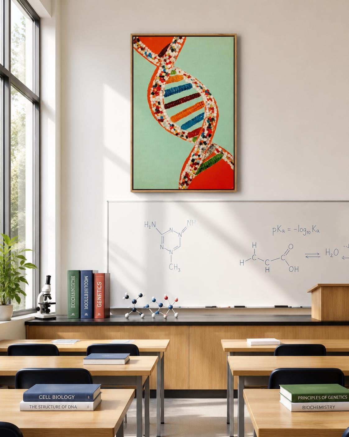 A researcher in a white lab coat stands next to a framed DNA double helix artwork