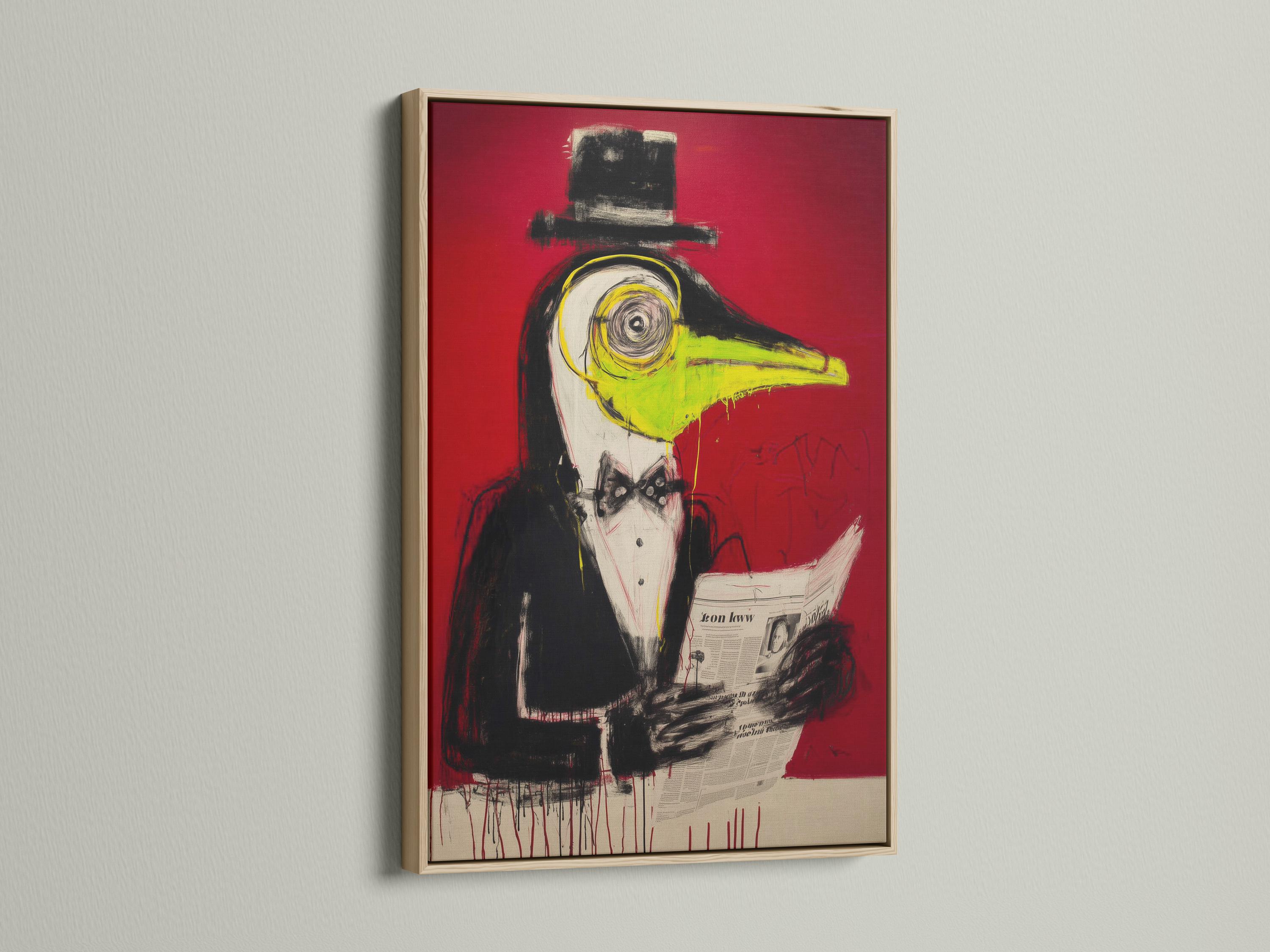 Stylised penguin-like bird portrait with red background, black shapes and yellow-green beak detail view