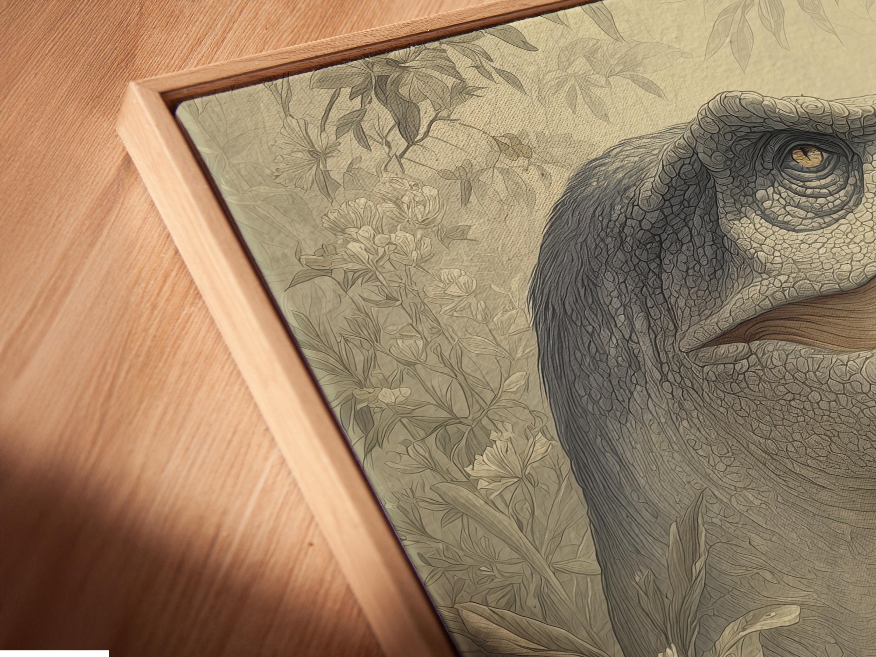 Woman standing in a room next to a framed dinosaur and botanical illustration on the wall