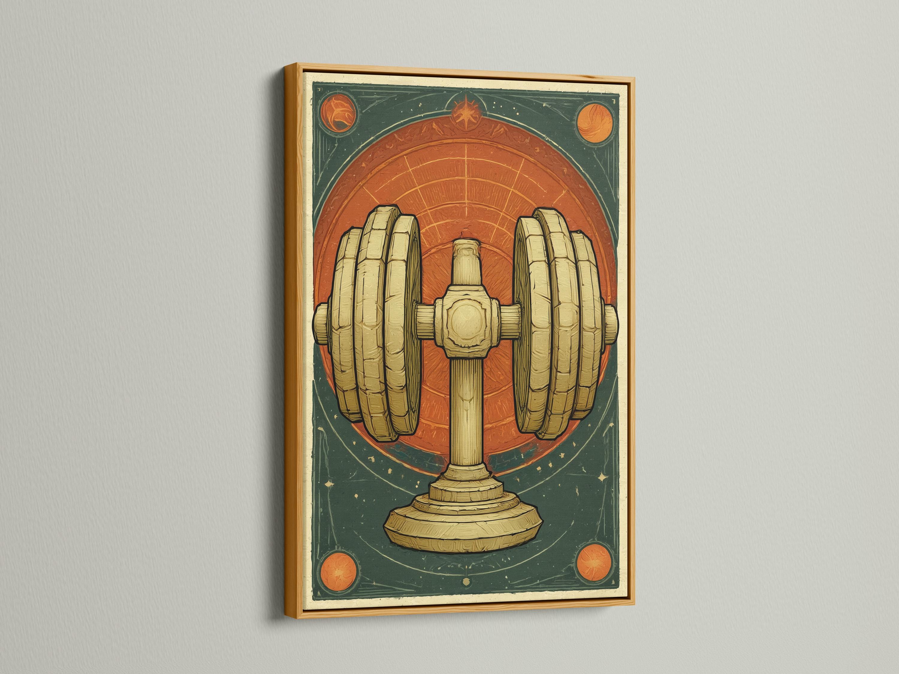Framed gold dumbbell artwork shown on a wall with other matching pieces