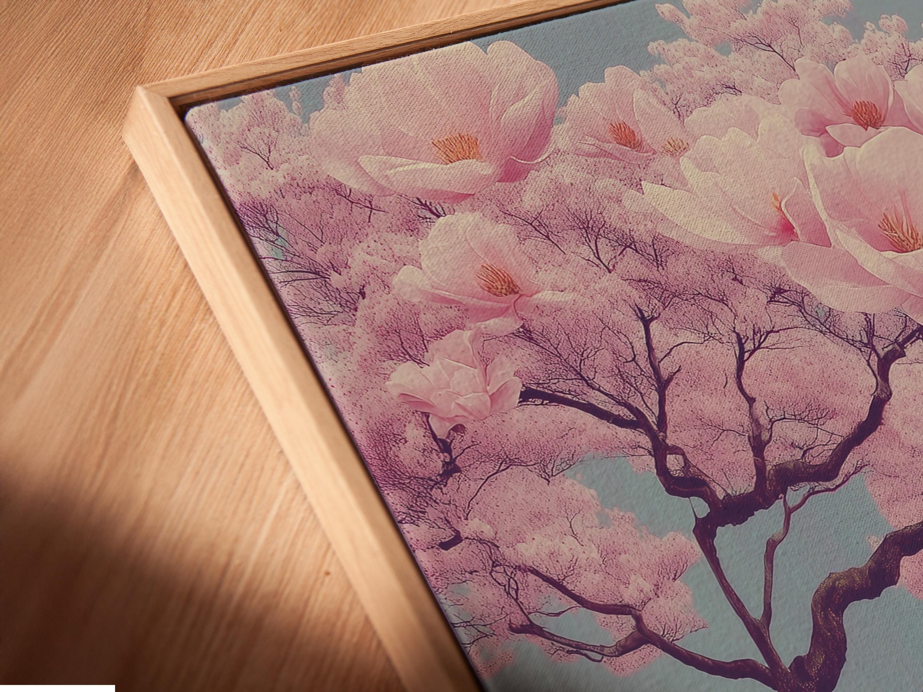 Cherry blossom tree illustration with pale pink blossoms and a winding flower-lined path detail view