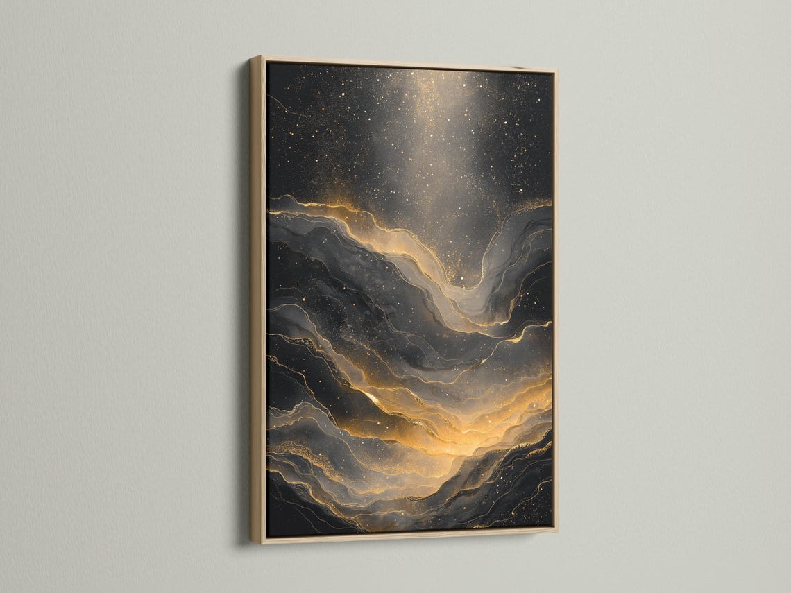 Black and gold abstract artwork with glowing vein-like lines and sparkling speckles detail view