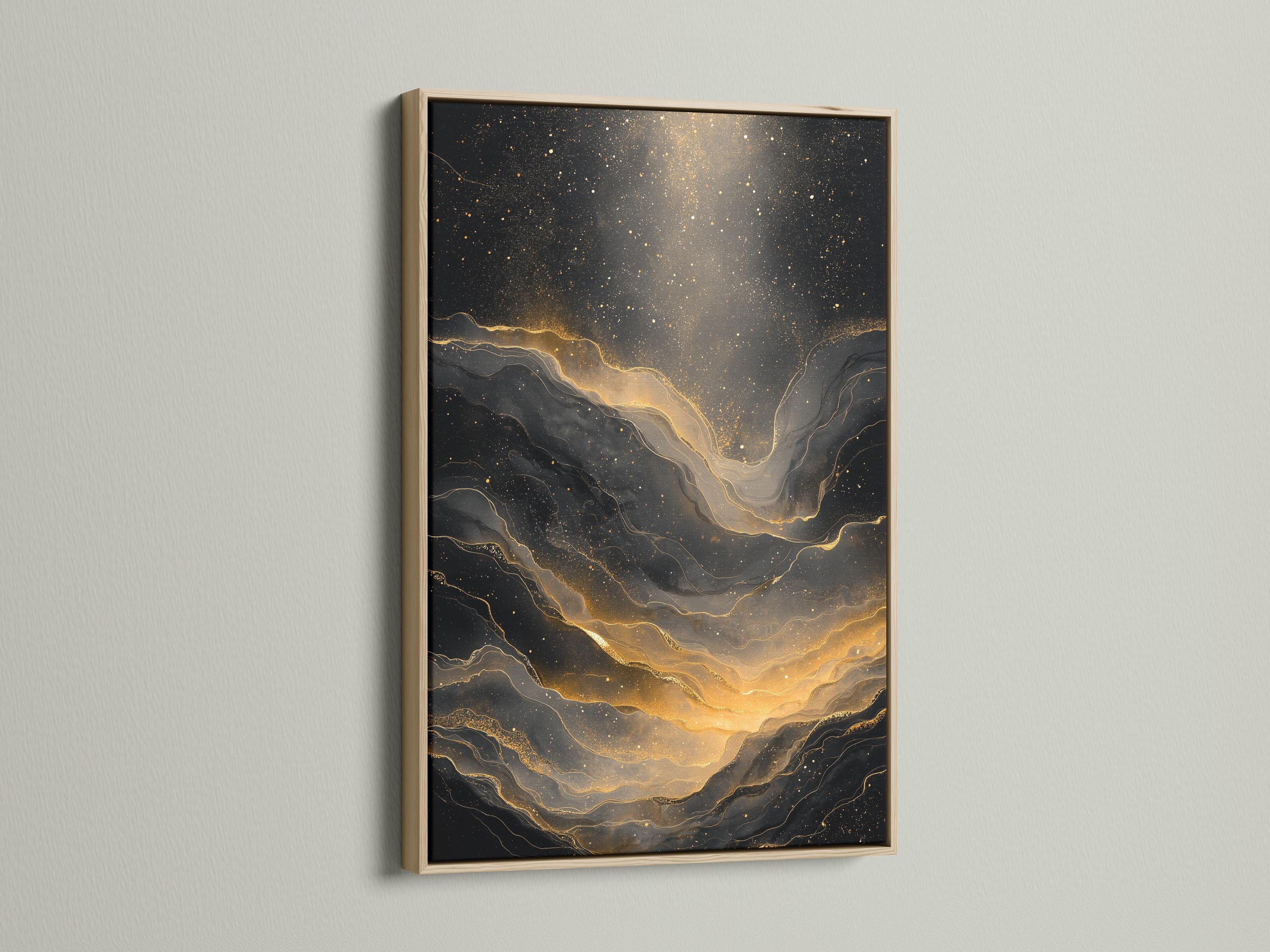 Black and gold abstract artwork with glowing vein-like lines and sparkling speckles detail view