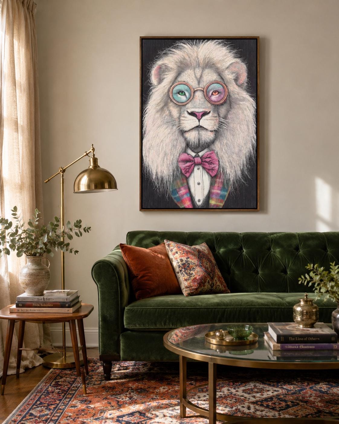 Stylised lion portrait with round glasses and a pink bow tie detail view