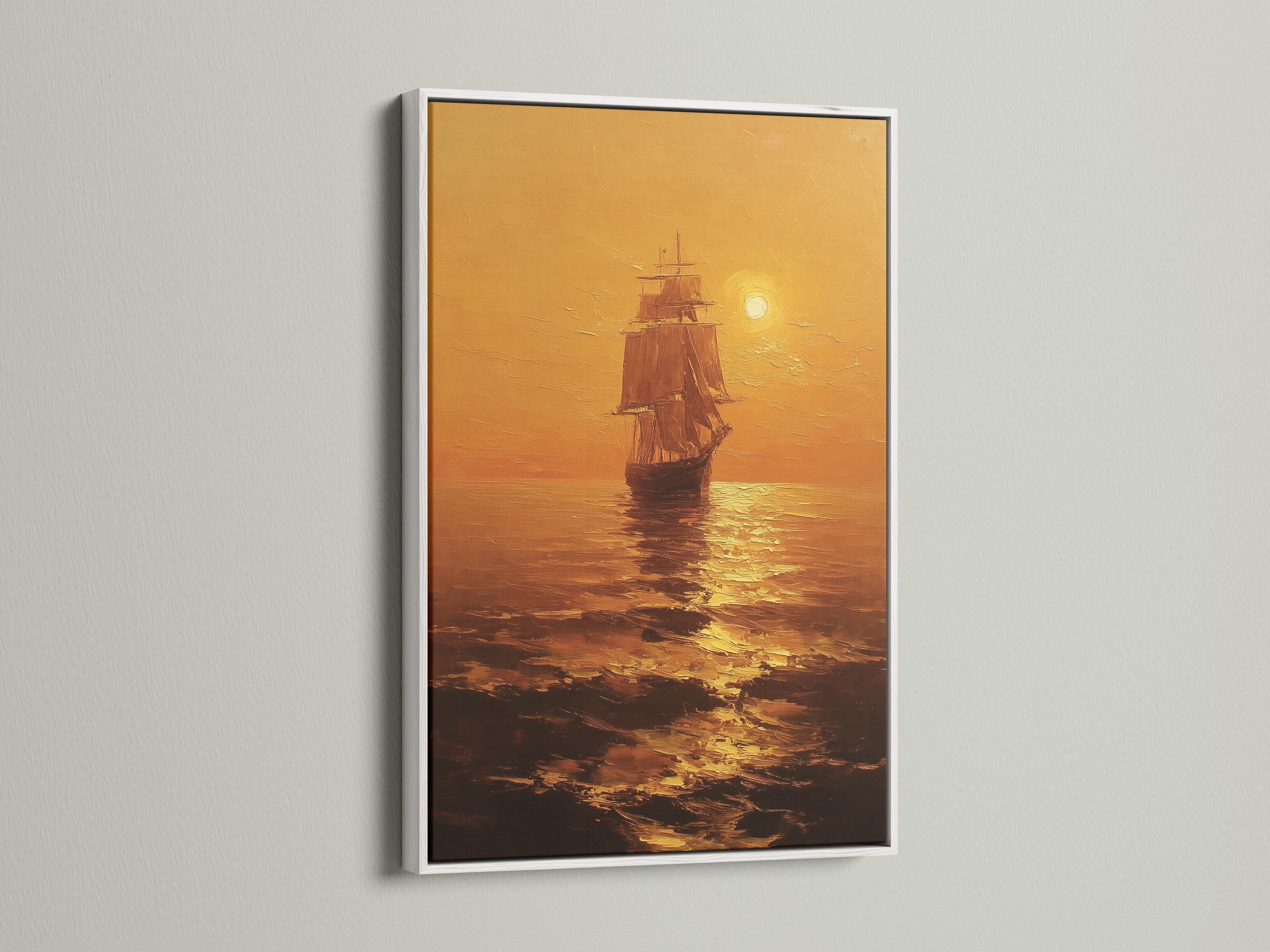 Room mockup showing a warm golden seascape with a sailing ship and glowing sun