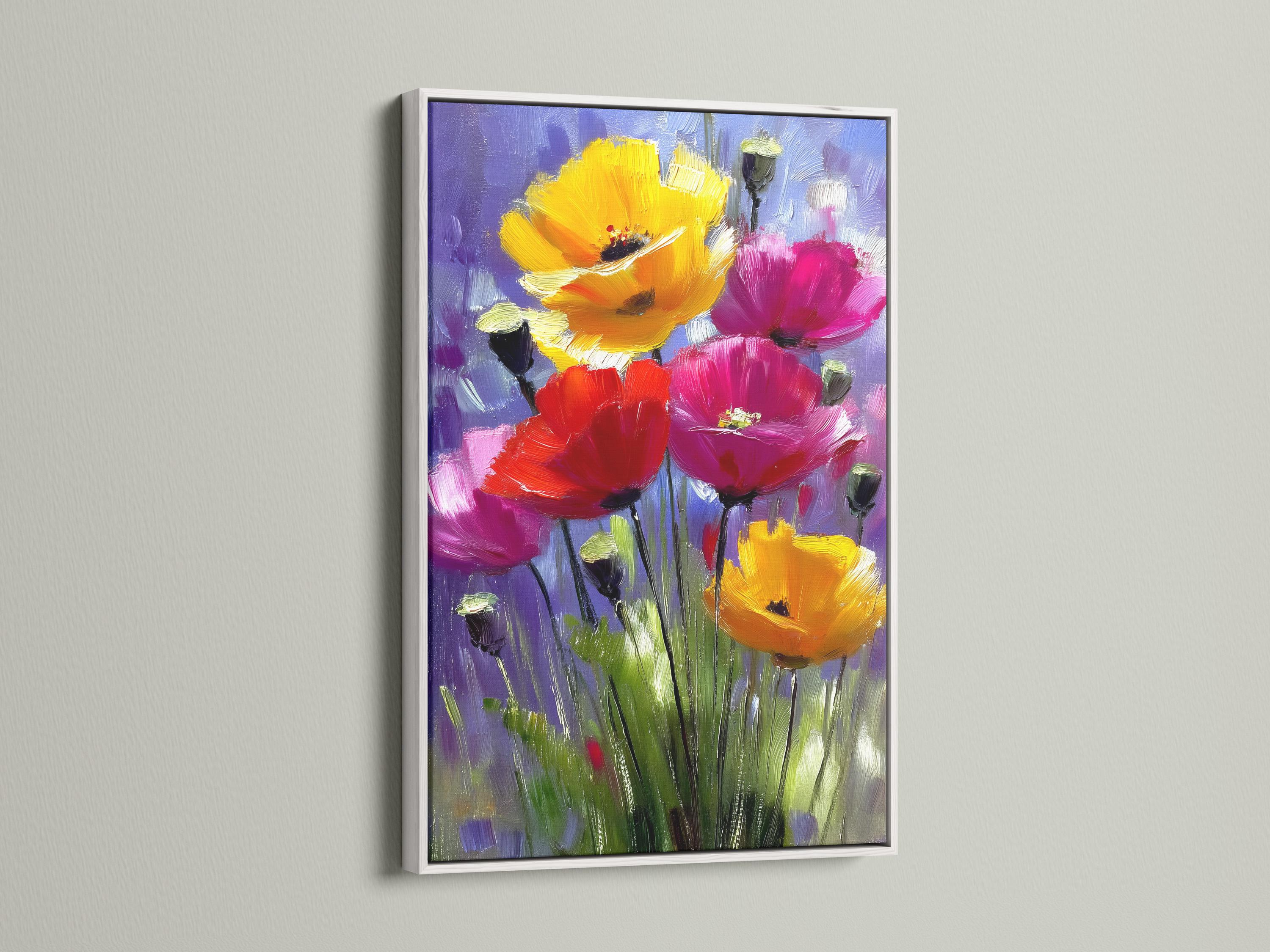Painterly floral painting with purple, pink, red and yellow blooms and green stems detail view
