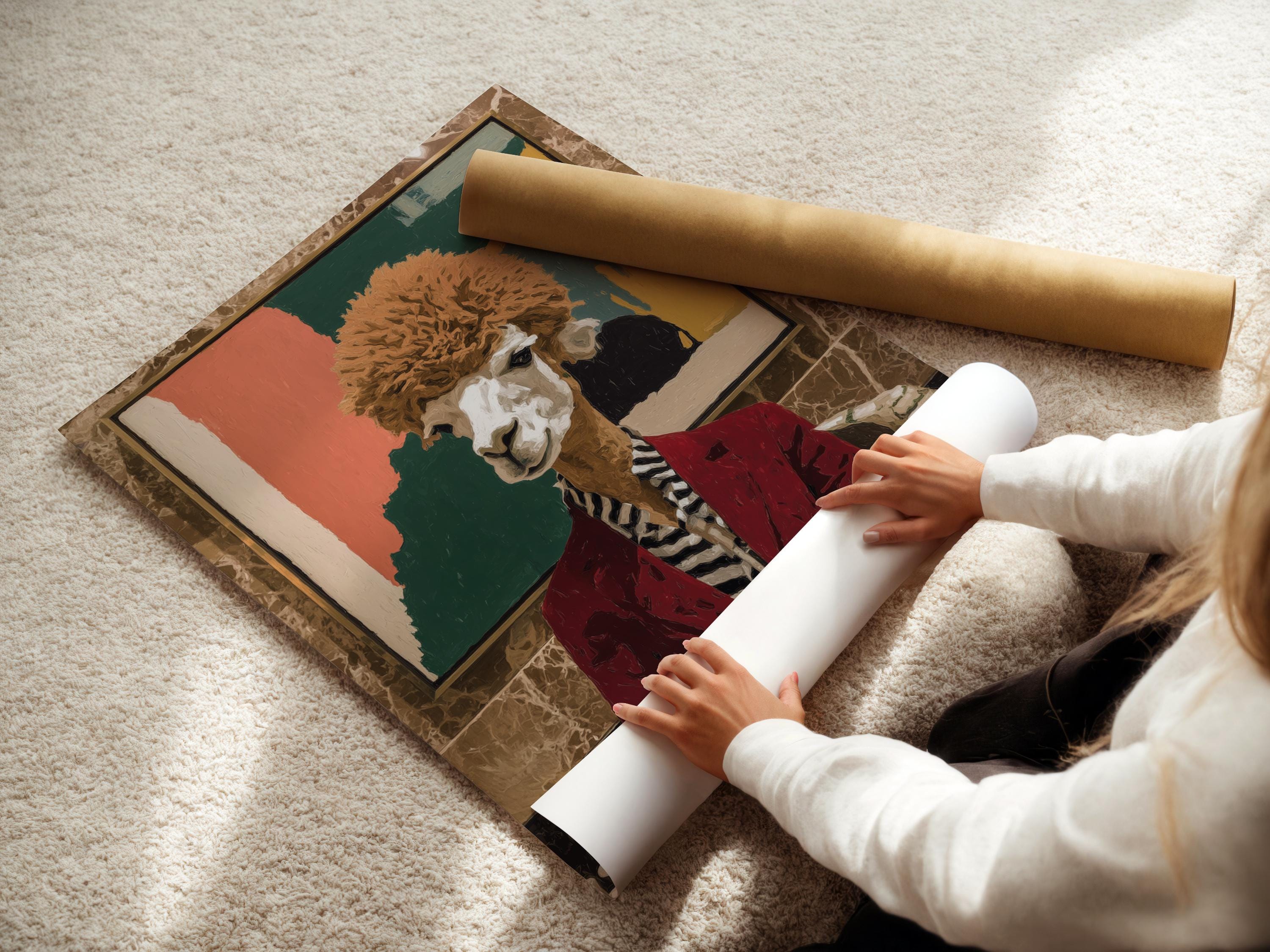 A stylised llama portrait in a red suit is posed indoors, with bold block colours behind and a faux café-table still life in the foreground detail