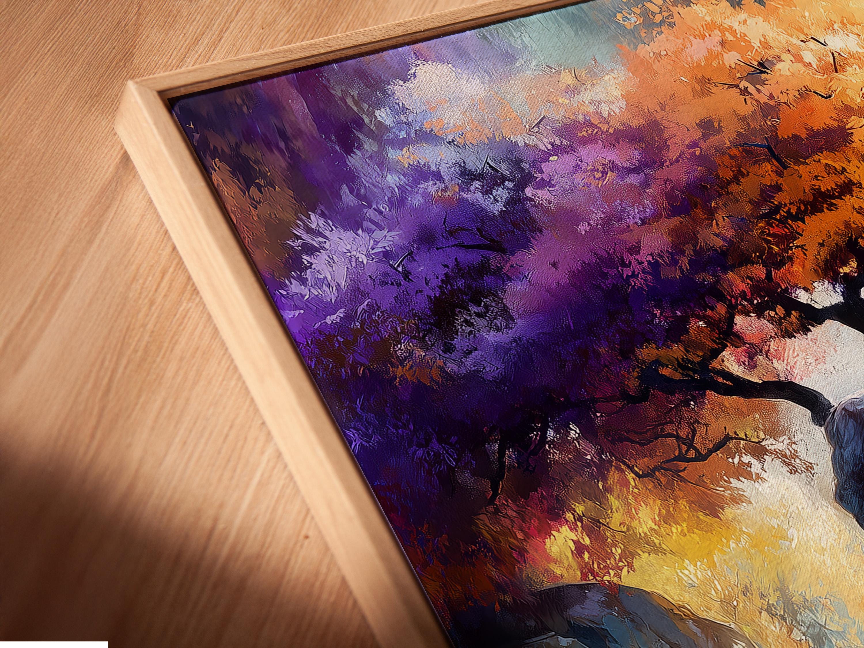 Fantasy tree landscape artwork with a twisted tree, rocky steps and vivid purple, orange and blue colours detail view