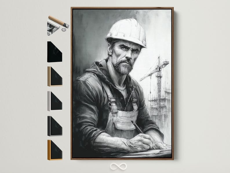 Monochrome portrait of a construction worker in a hard hat holding a pen with scaffolding line drawings behind