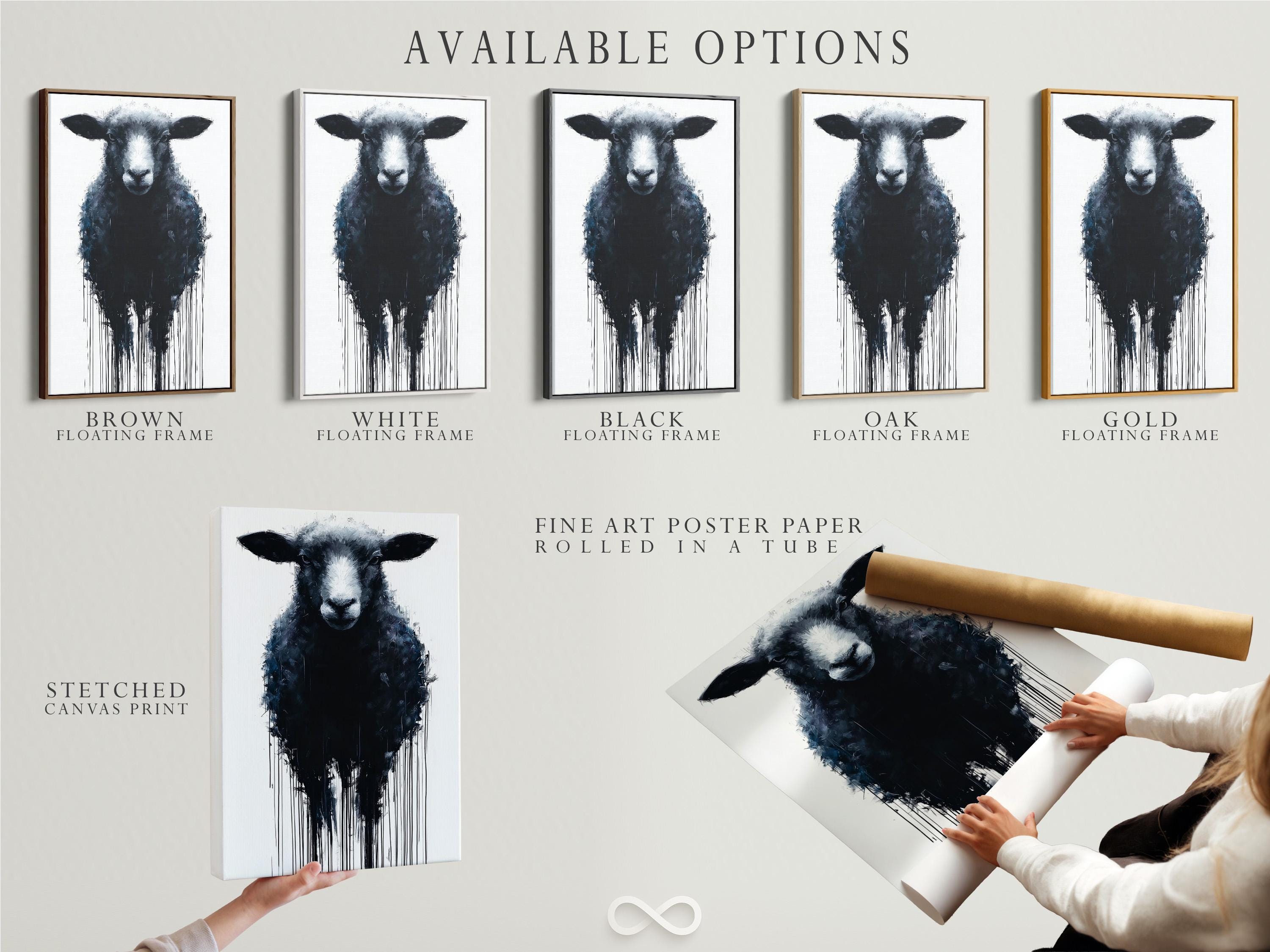 Sheep portrait artwork displayed in a bright industrial-style room