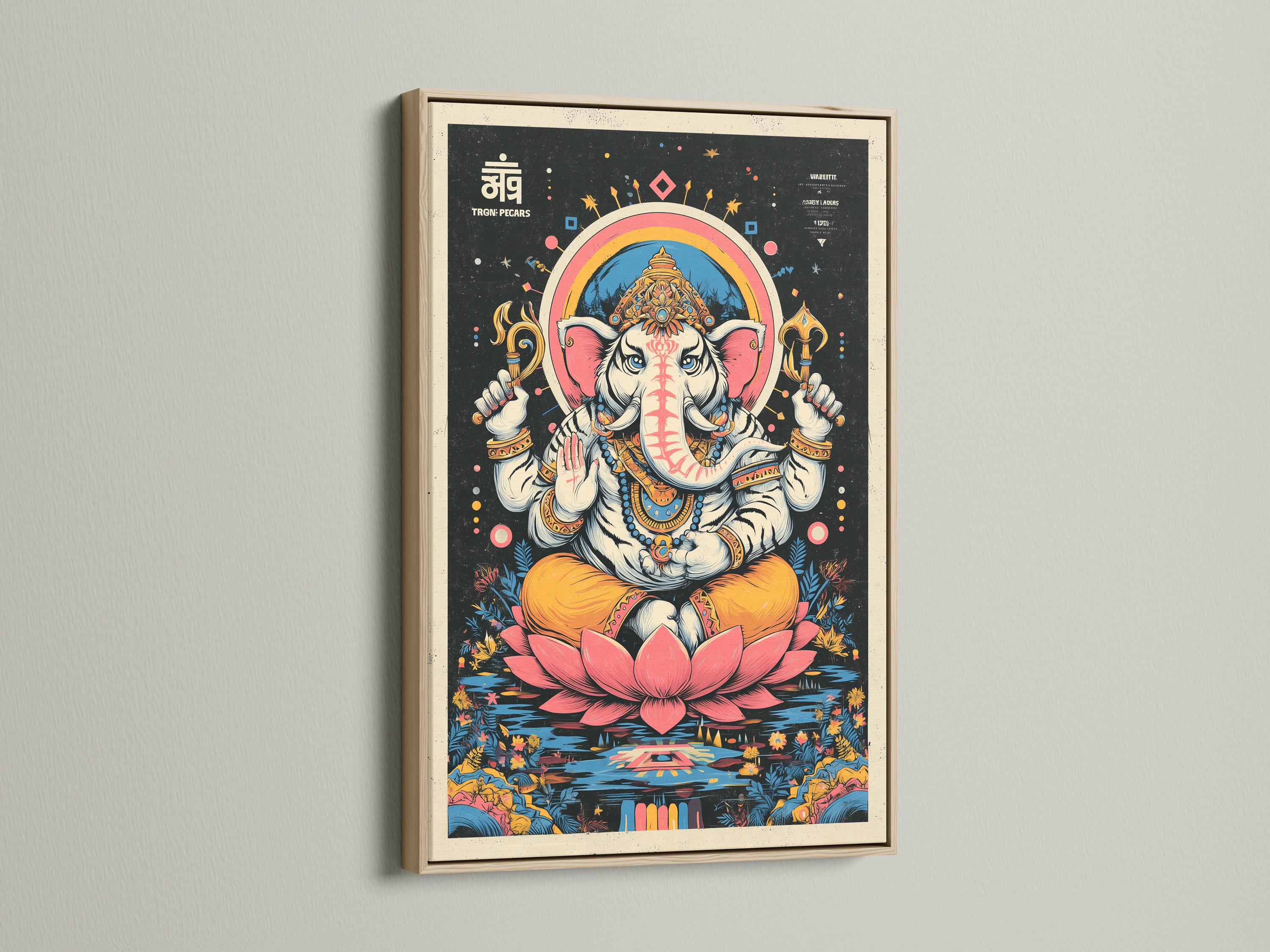 Colourful elephant-headed deity seated above a pink lotus on a dark starry background detail view
