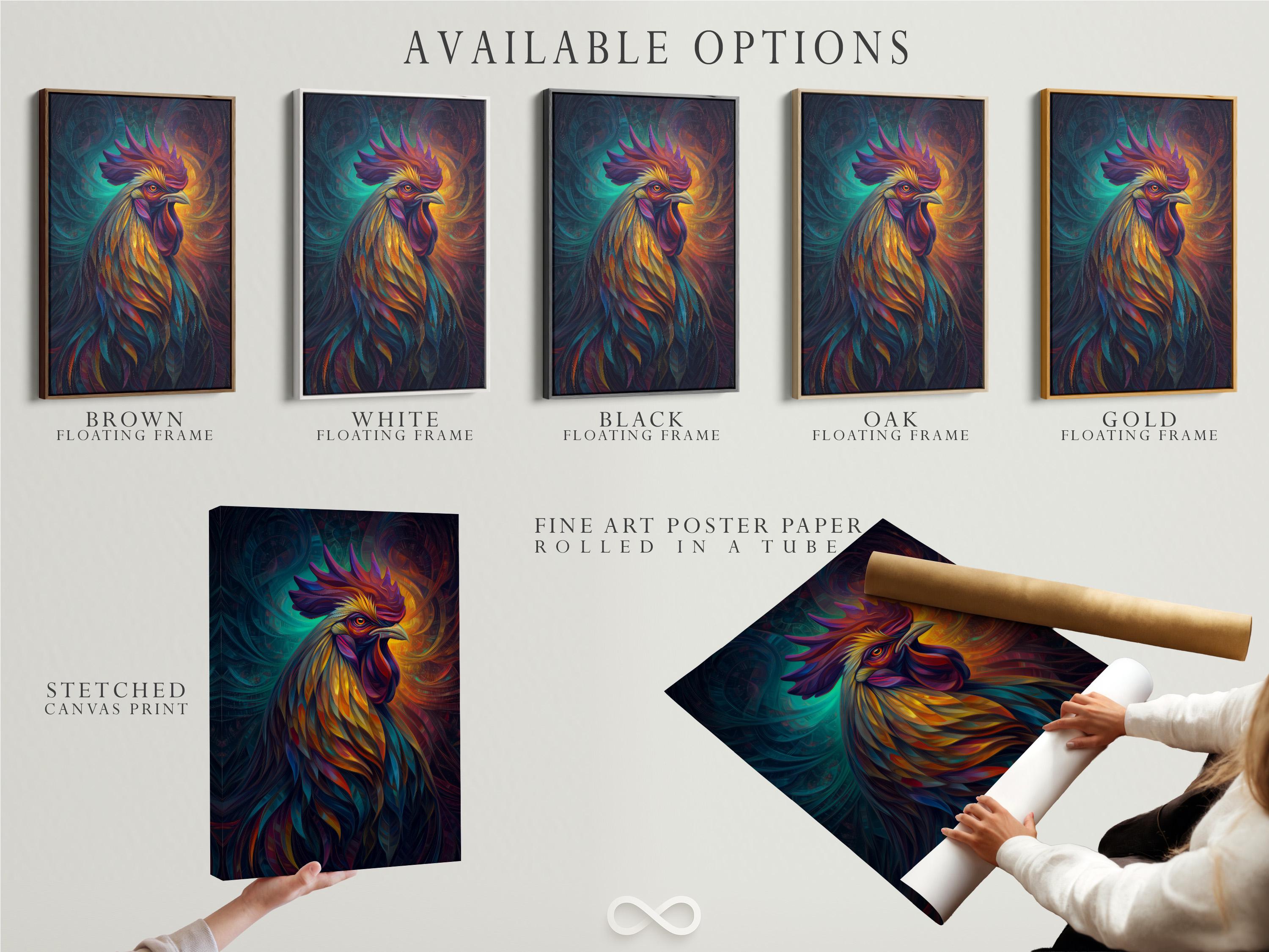 Room mockup showing framed rooster artwork in vivid teal, orange, purple and yellow