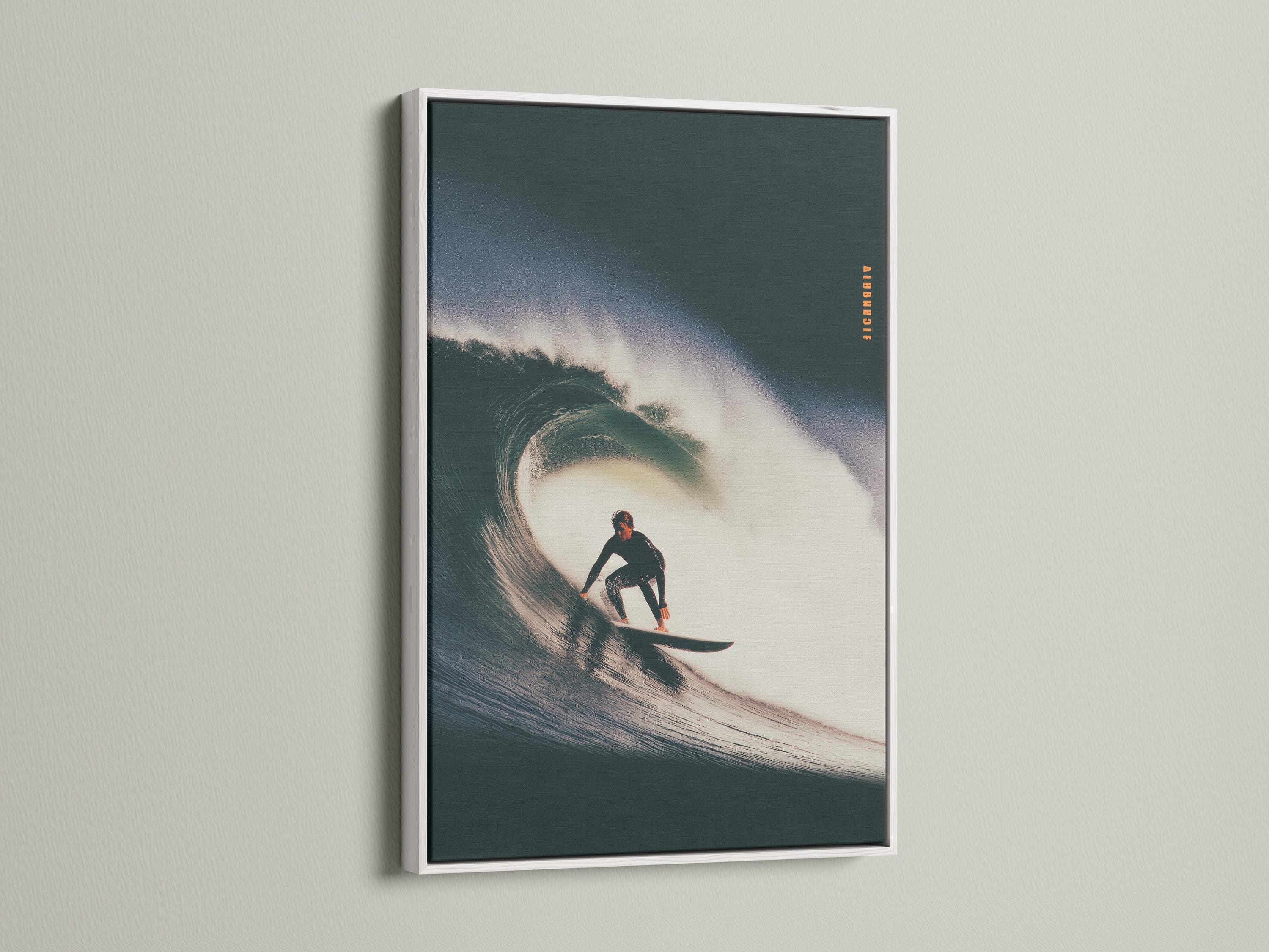 Surfer riding a curling wave, shown in dark teal ocean tones with bright white foam and spray mist detail view