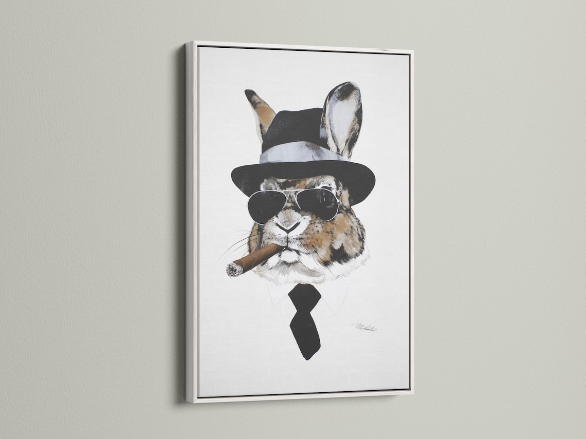 Illustrated rabbit wearing a black top hat, round sunglasses and bow tie on a light background detail view