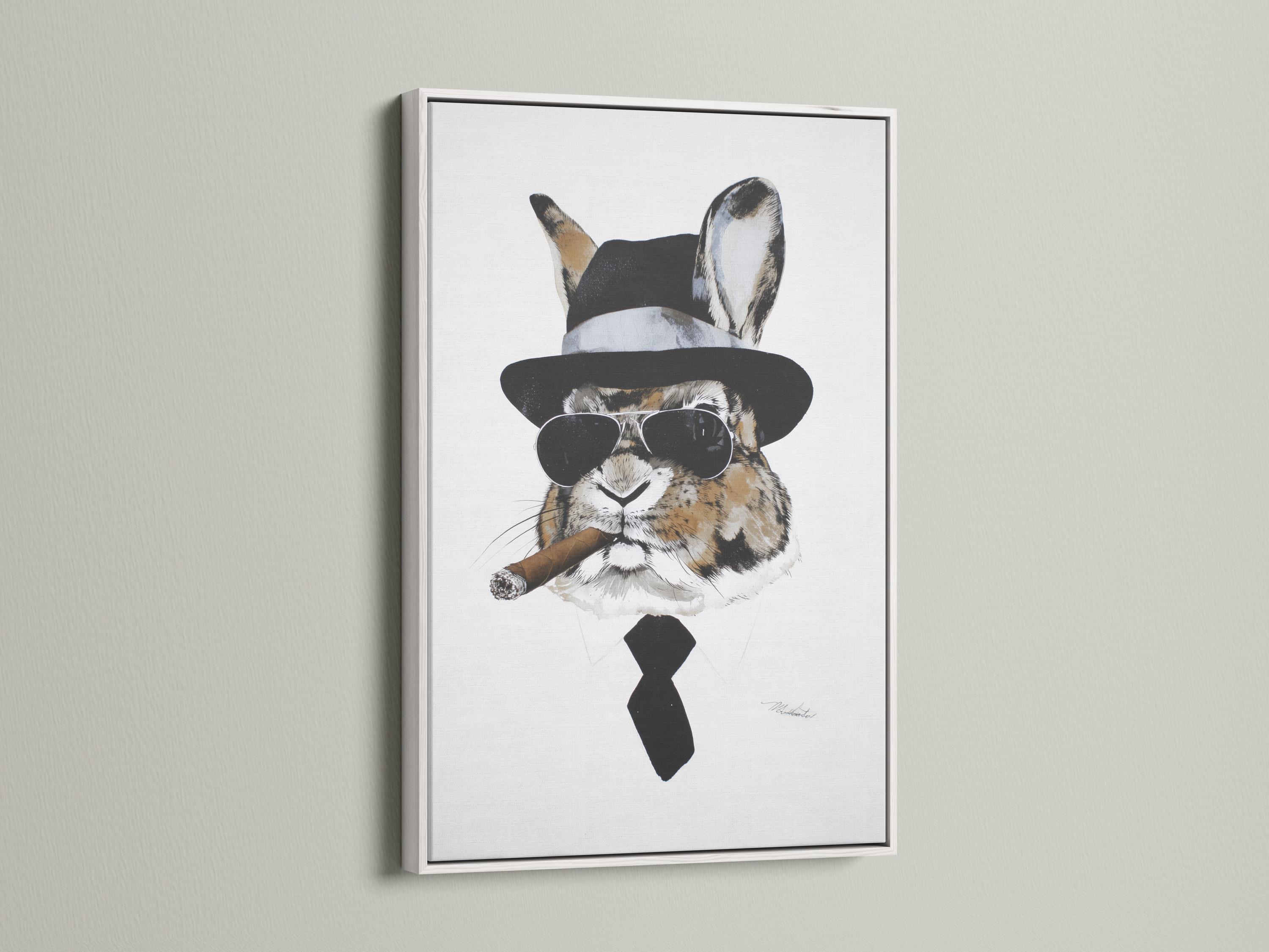 Illustrated rabbit wearing a black top hat, round sunglasses and bow tie on a light background detail view