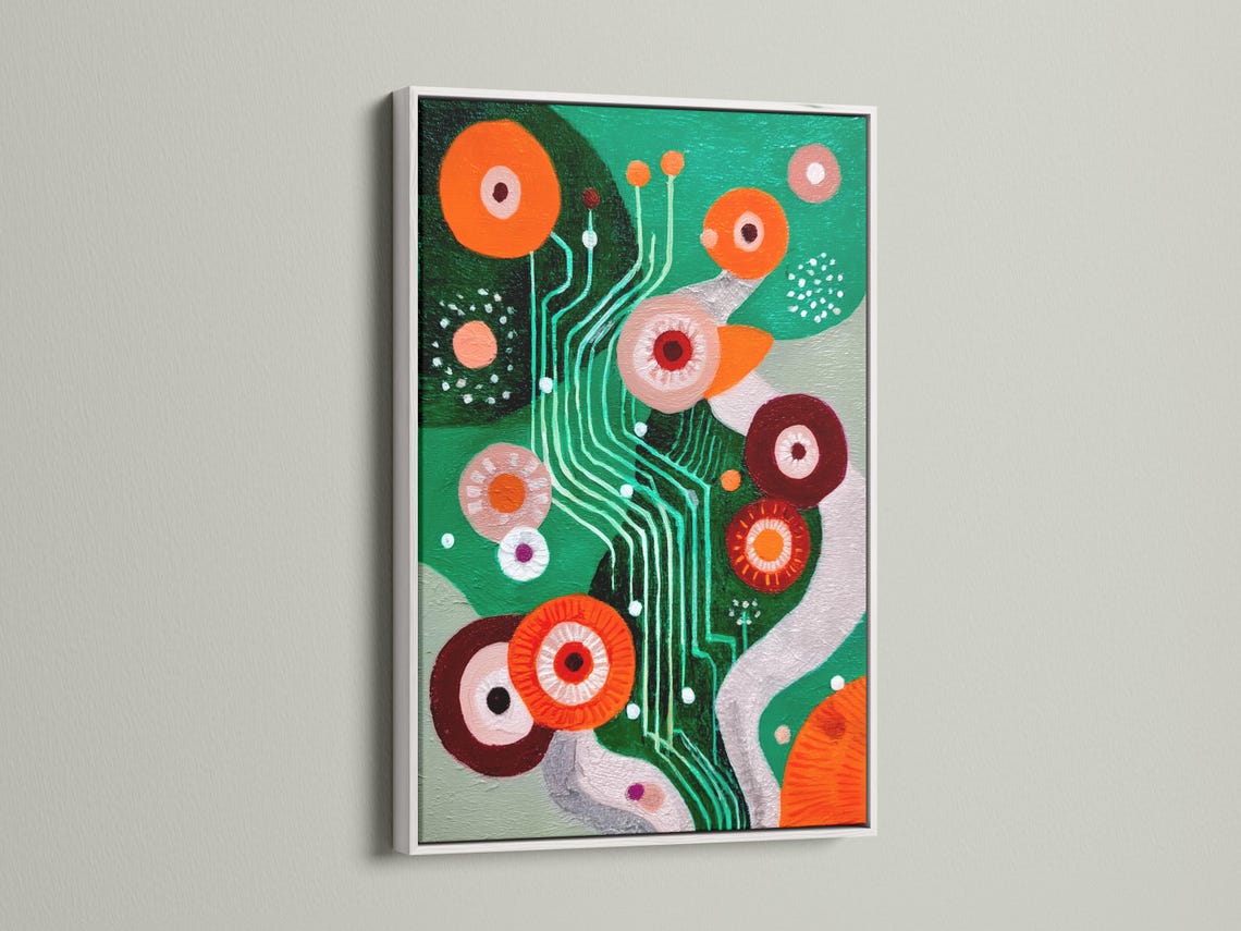 Green abstract artwork with orange and maroon circles, teal curved lines and dotted accents detail view