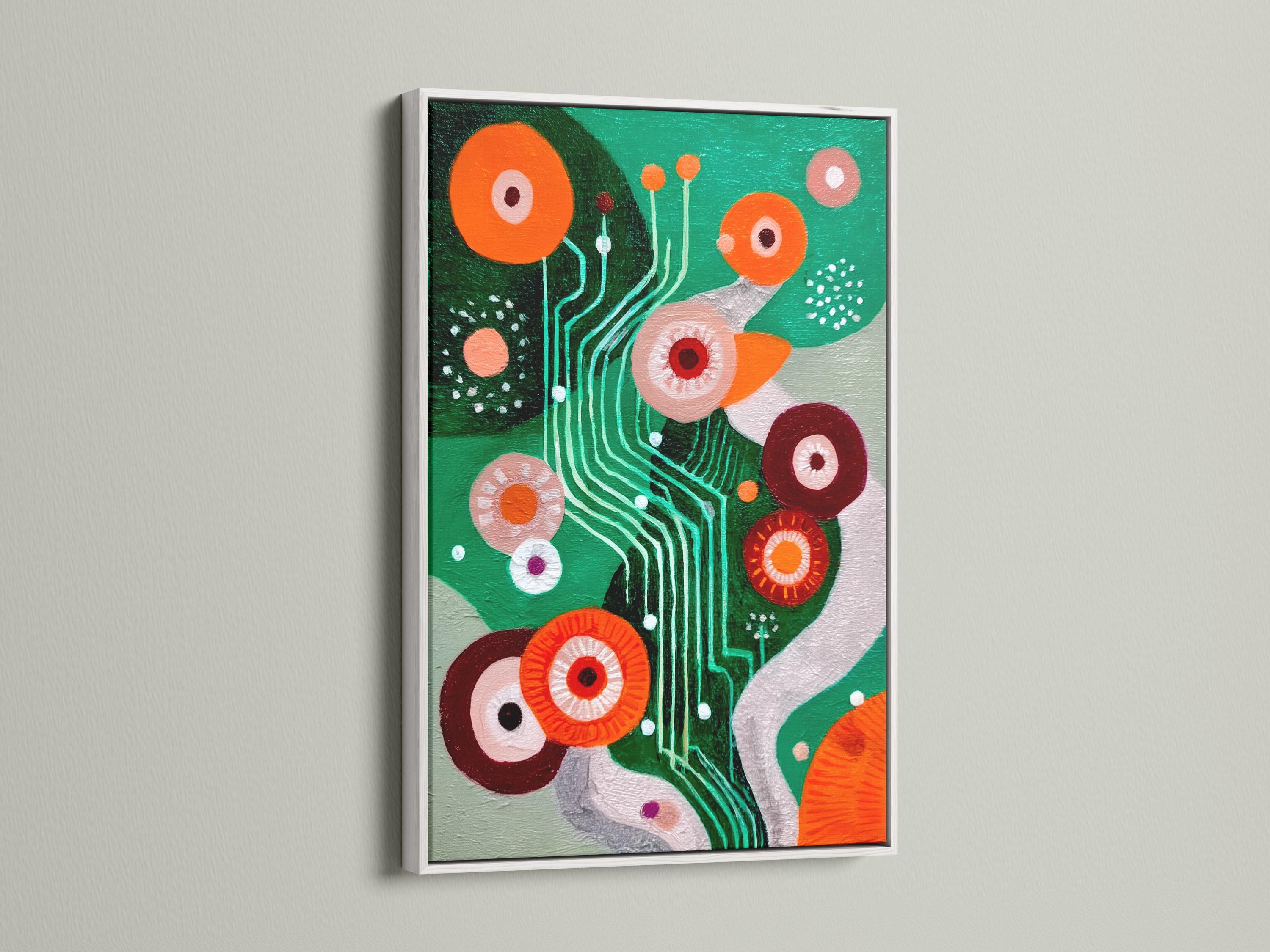 Green abstract artwork with orange and maroon circles, teal curved lines and dotted accents detail view