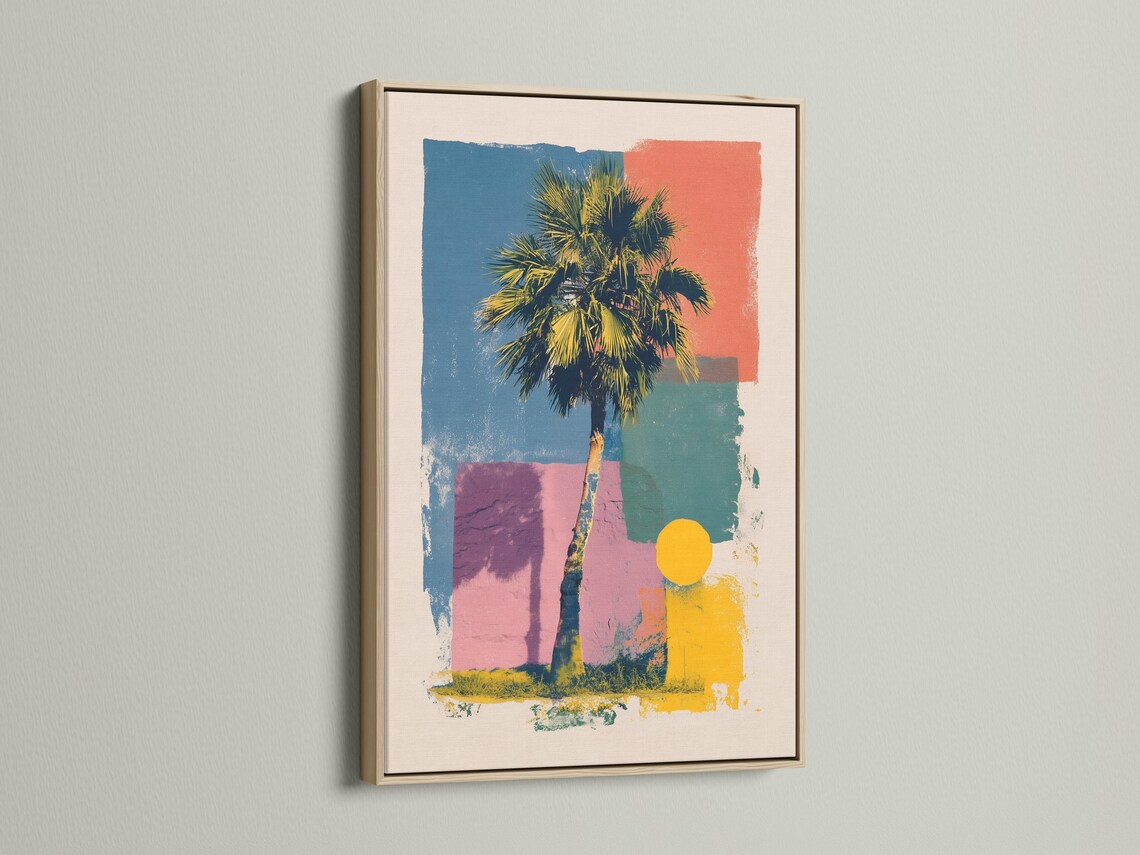 Room mockup showing palm tree pop-art wall artwork with a frame