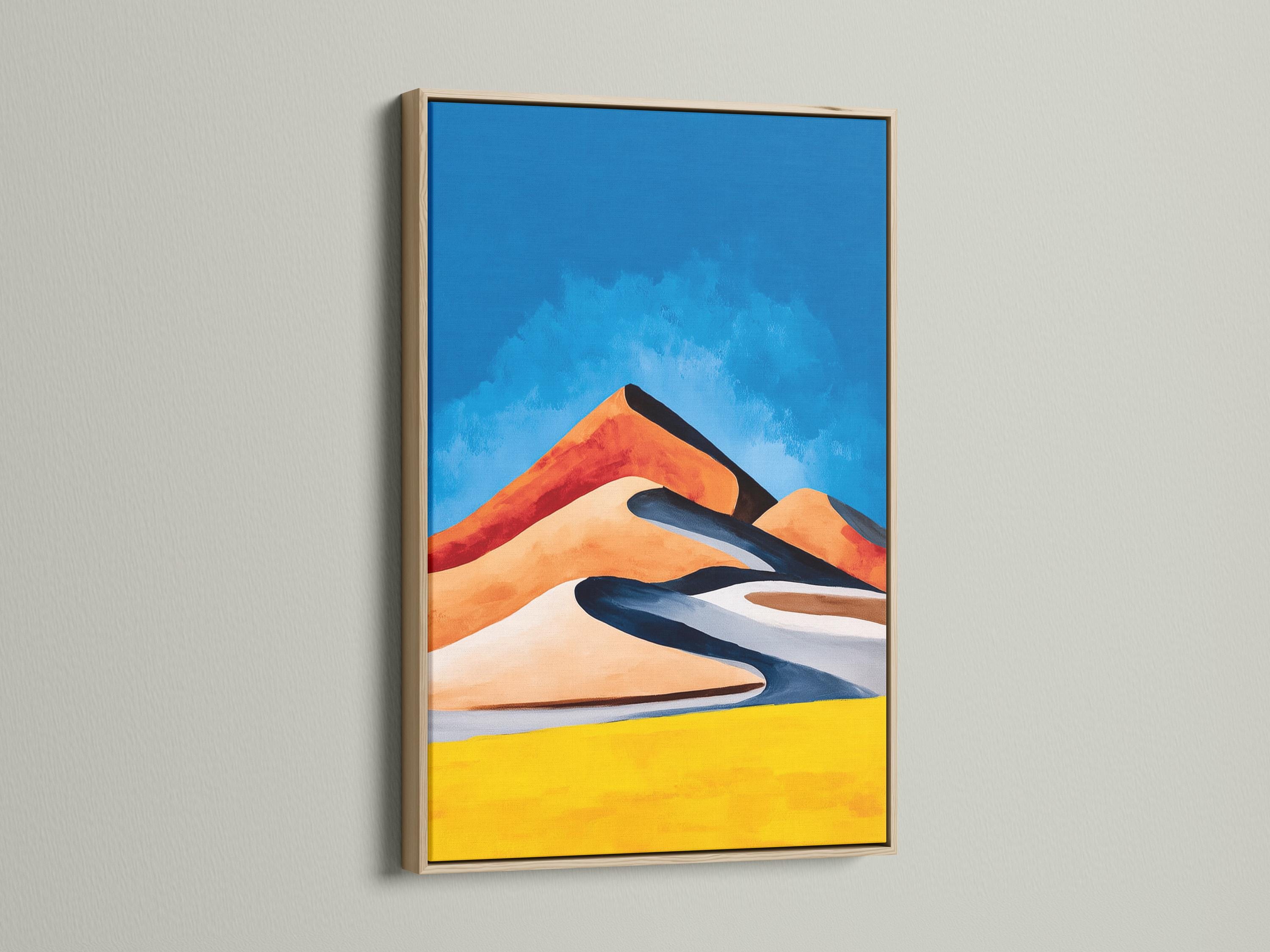 Stylised desert landscape with blue sky, orange dunes, dark navy shadows and golden yellow ground detail view