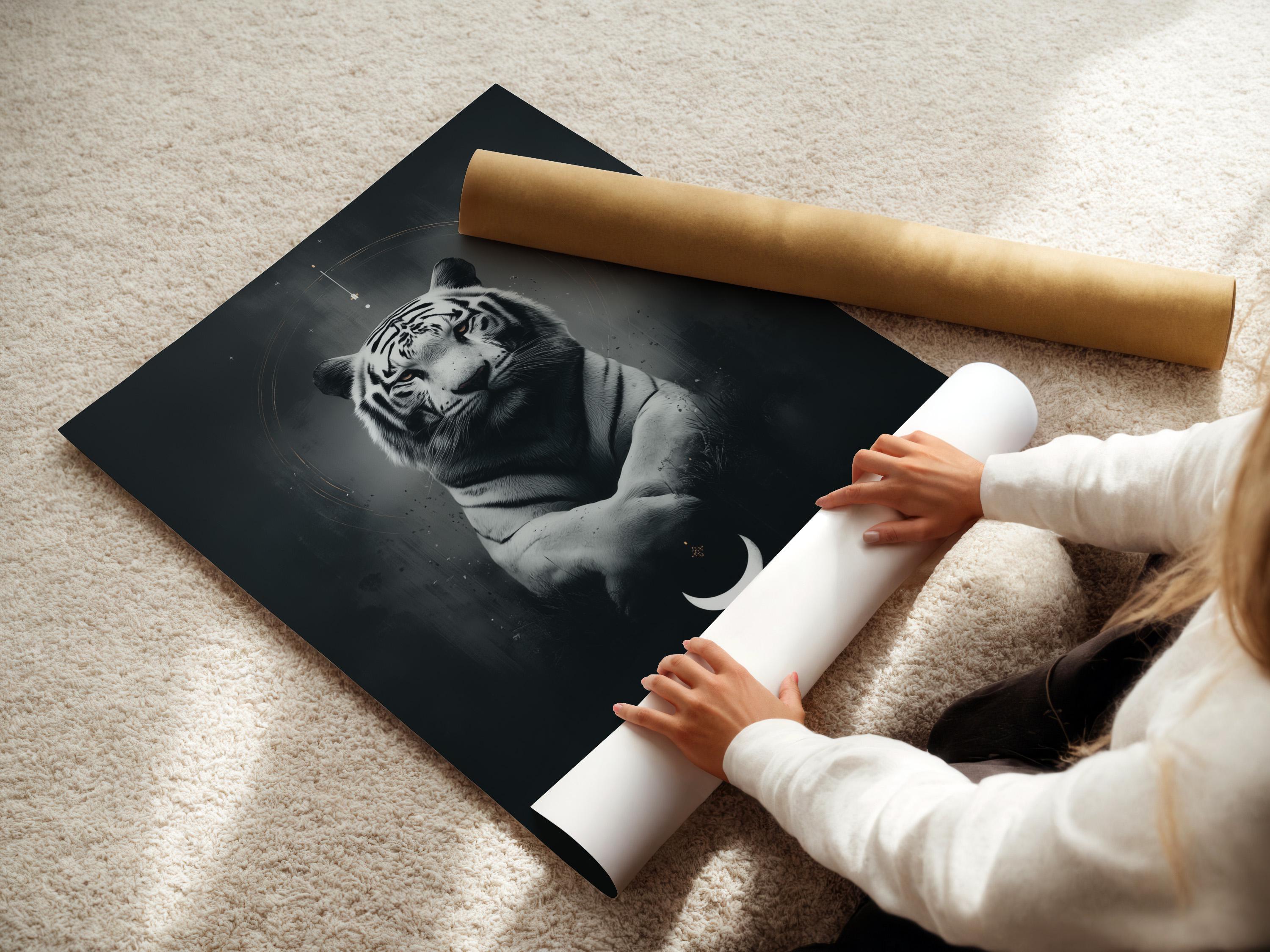 Room mockup showing framed tiger wall art with crescent moons and circular halo
