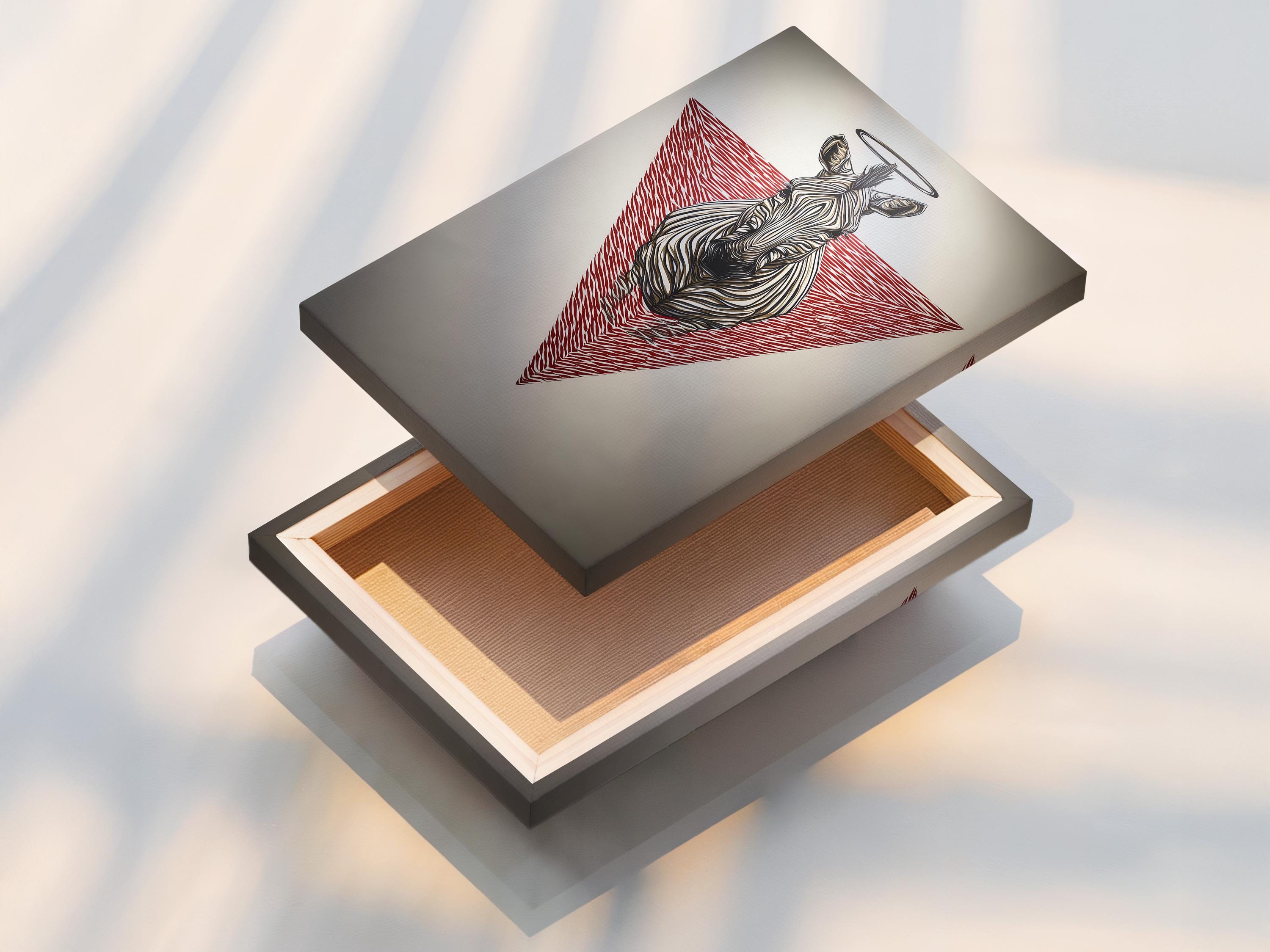 Wall mockup showing a framed zebra artwork with a red striped triangle and halo ring