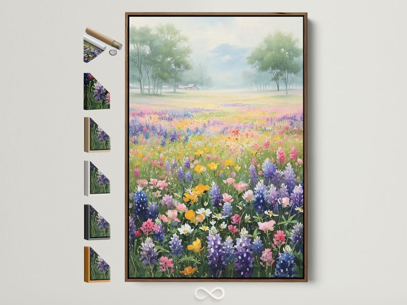 Pastel wildflower meadow with colourful flowers in the foreground and misty trees in the distance