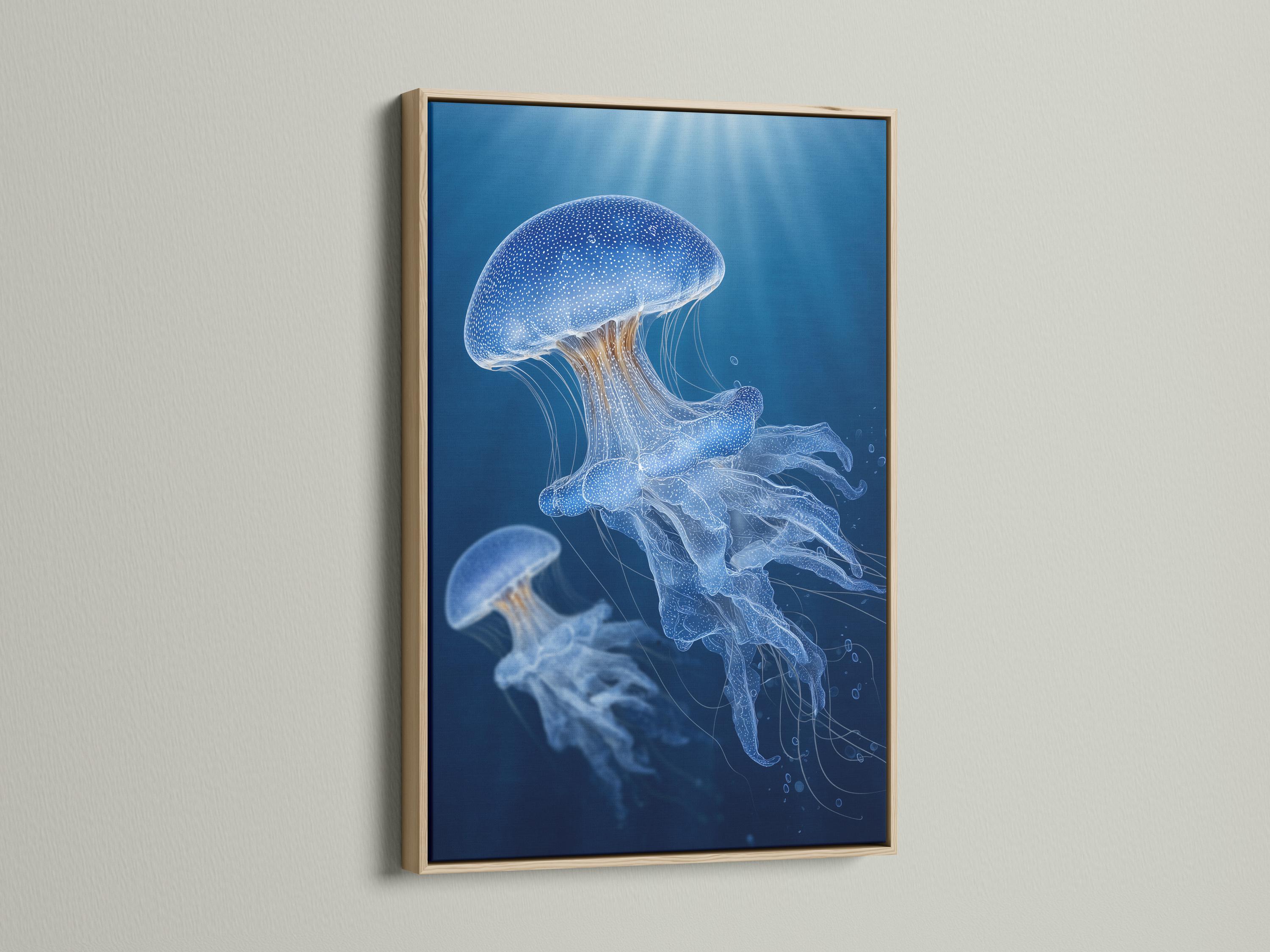 Wall mockup showing a blue jellyfish artwork in a framed display on a light wall