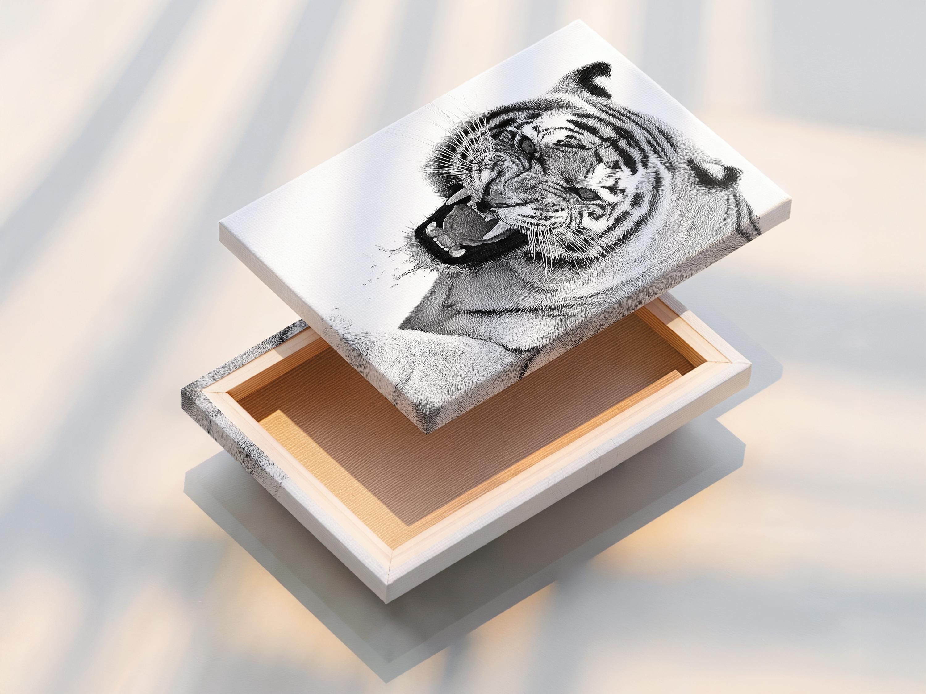 Framed monochrome tiger portrait mockup on a light background with additional display props