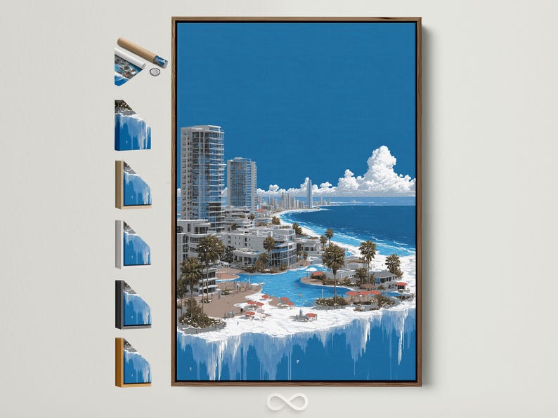Panoramic coastal cityscape with turquoise ocean, white clouds, palm trees and a surreal icy reflection