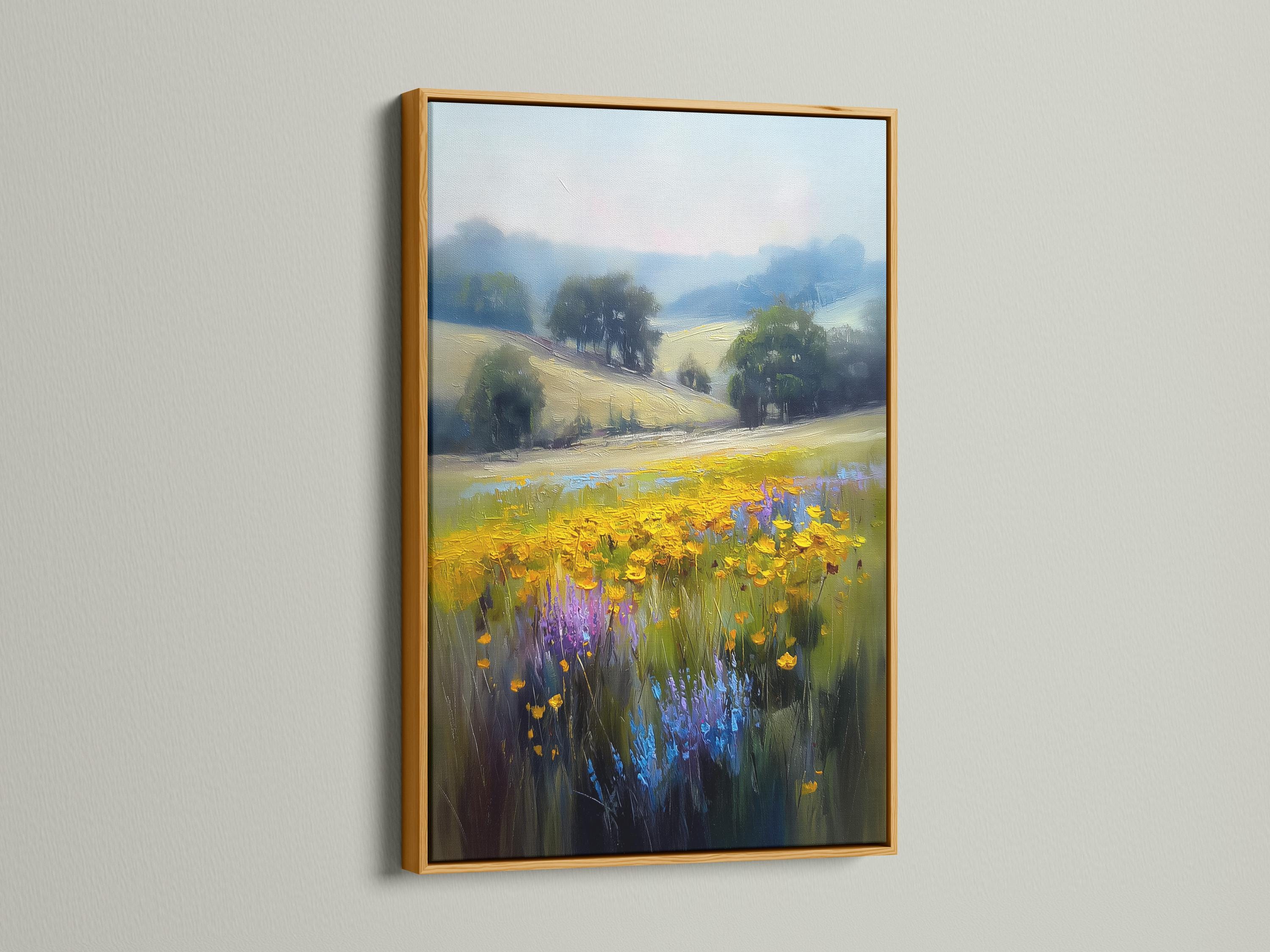 Impressionist meadow landscape with yellow flowers, green grasses and a blue cloudy sky detail view