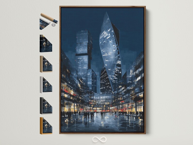 Night cityscape with tall glass skyscrapers, glowing windows and reflective wet street