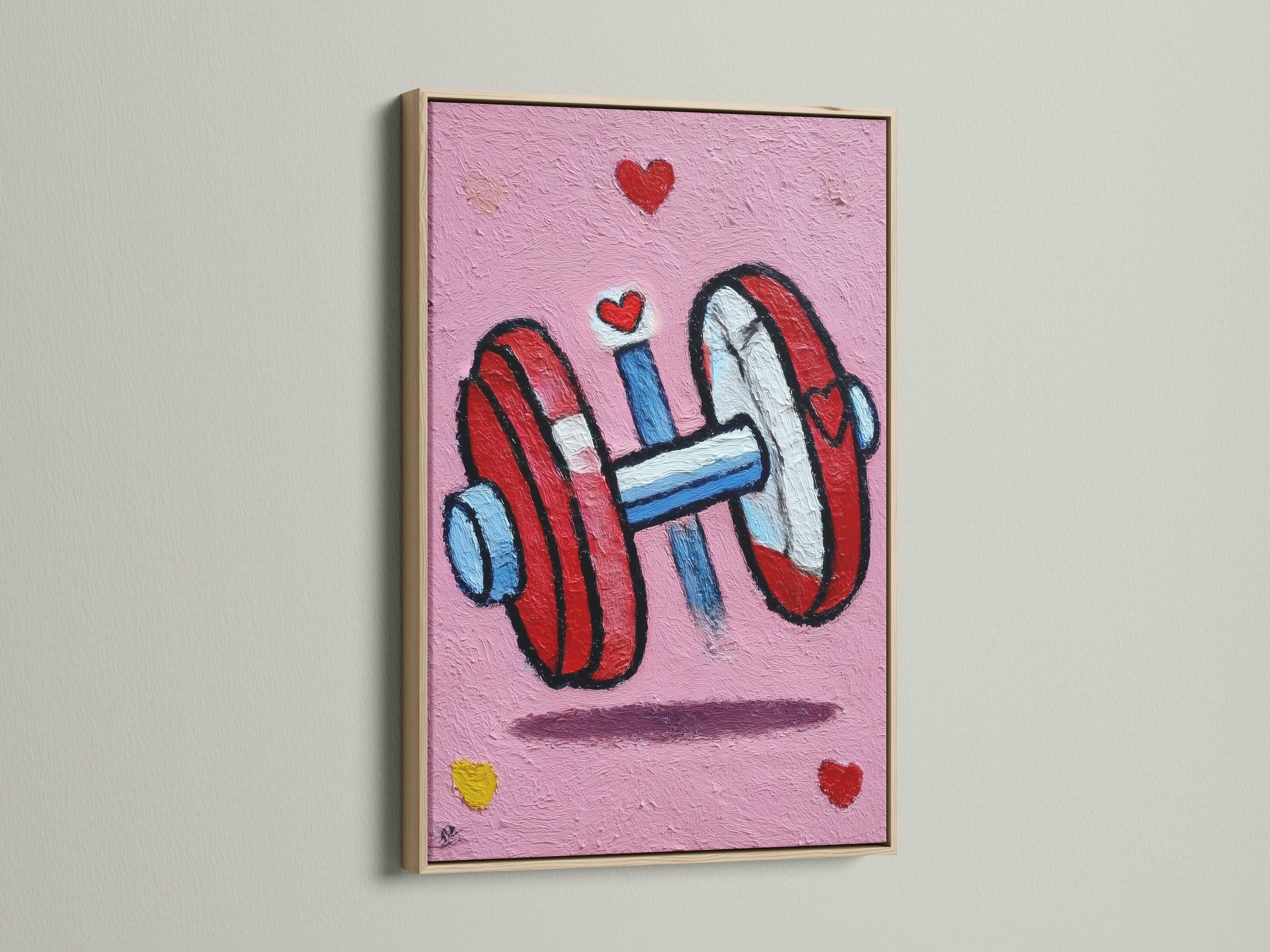 Room mockup showing a pink framed fitness artwork with a weightlifter holding a bar and red hearts