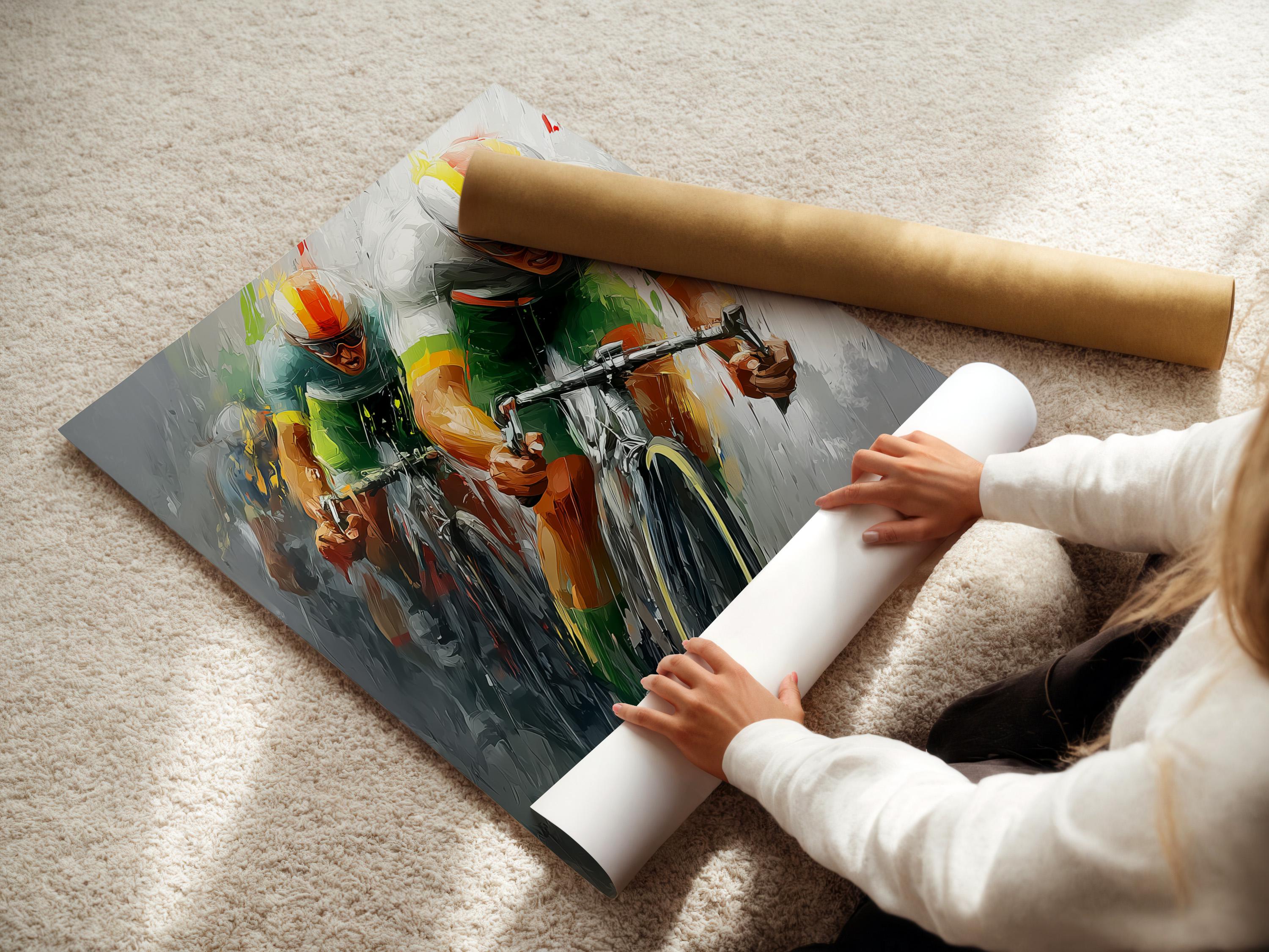 Room mockup showing framed abstract cycling artwork on a light wall