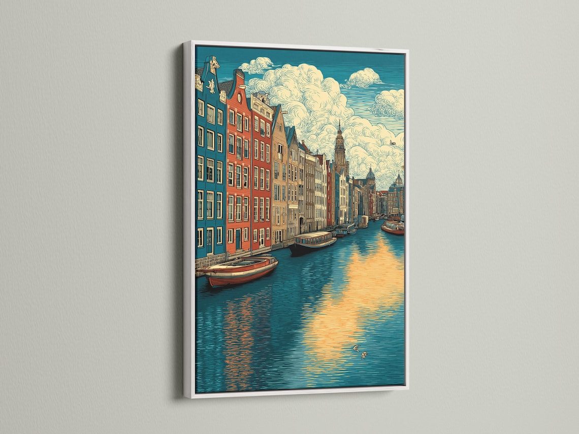 Vintage illustration of an Amsterdam canal cityscape with colourful buildings, boats, and warm sunset reflections detail view
