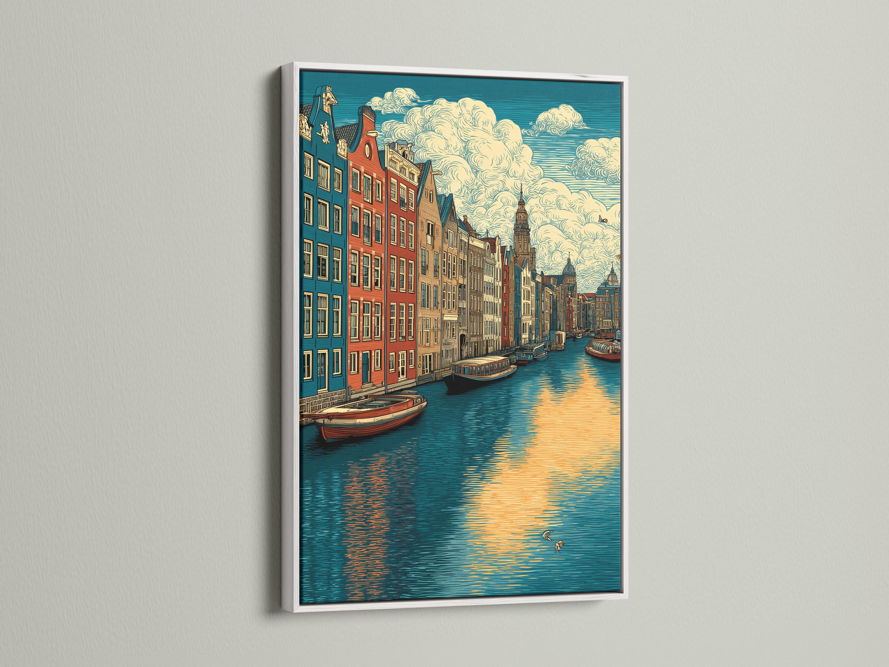 Vintage illustration of an Amsterdam canal cityscape with colourful buildings, boats, and warm sunset reflections detail view