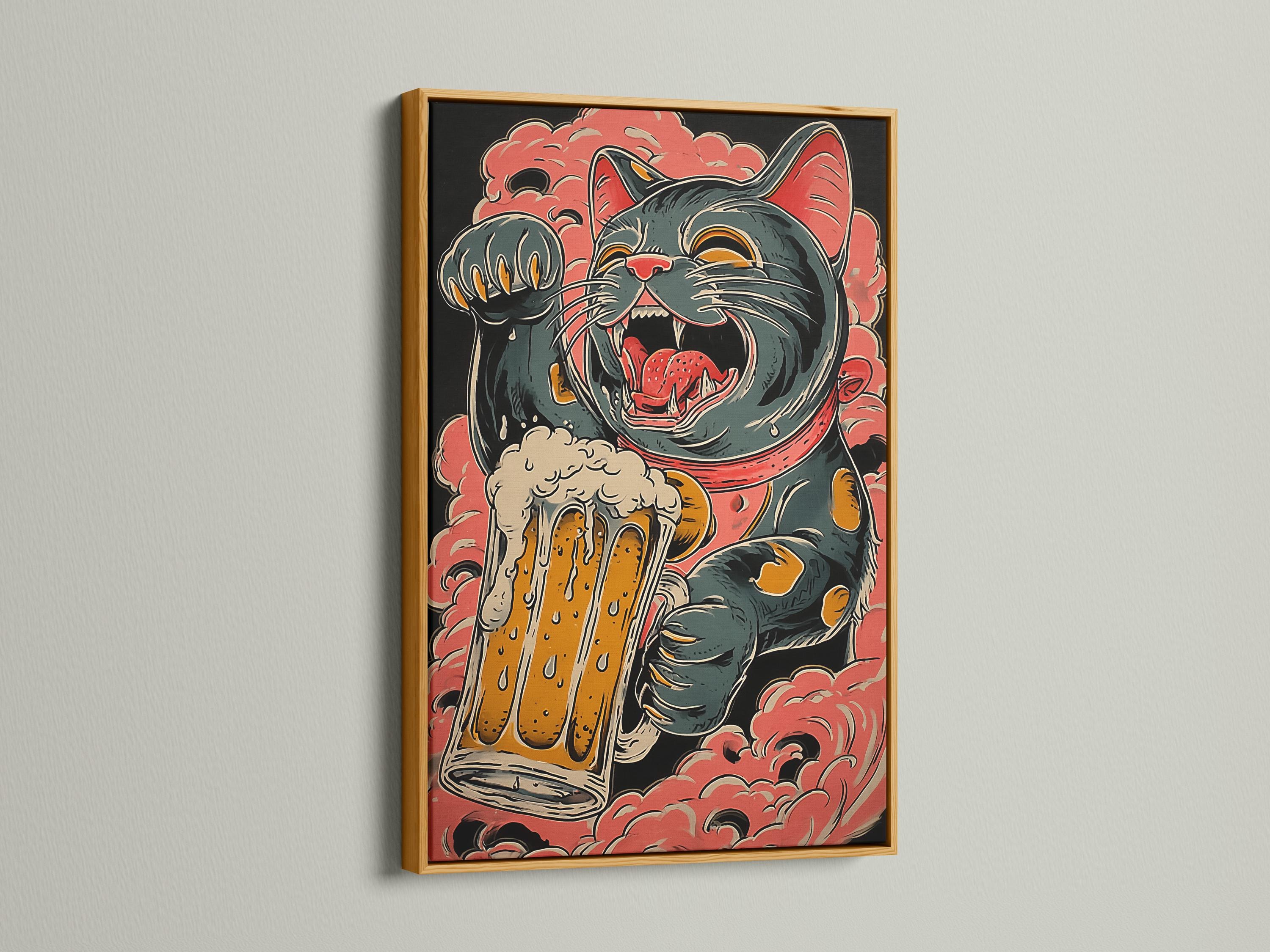 Stylised retro cat illustration with red cloud shapes and orange foamy splash details detail view