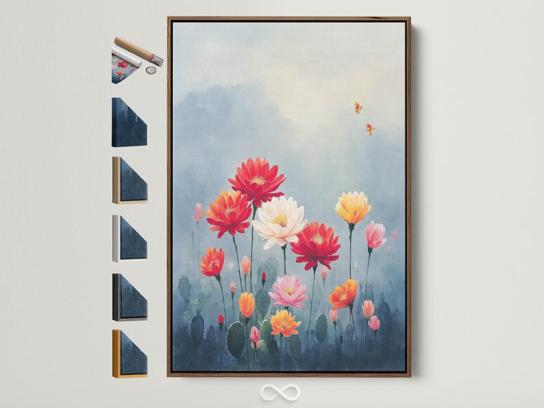 Desert flower bouquet illustration with red, pink and orange blooms and small butterflies on a blue background