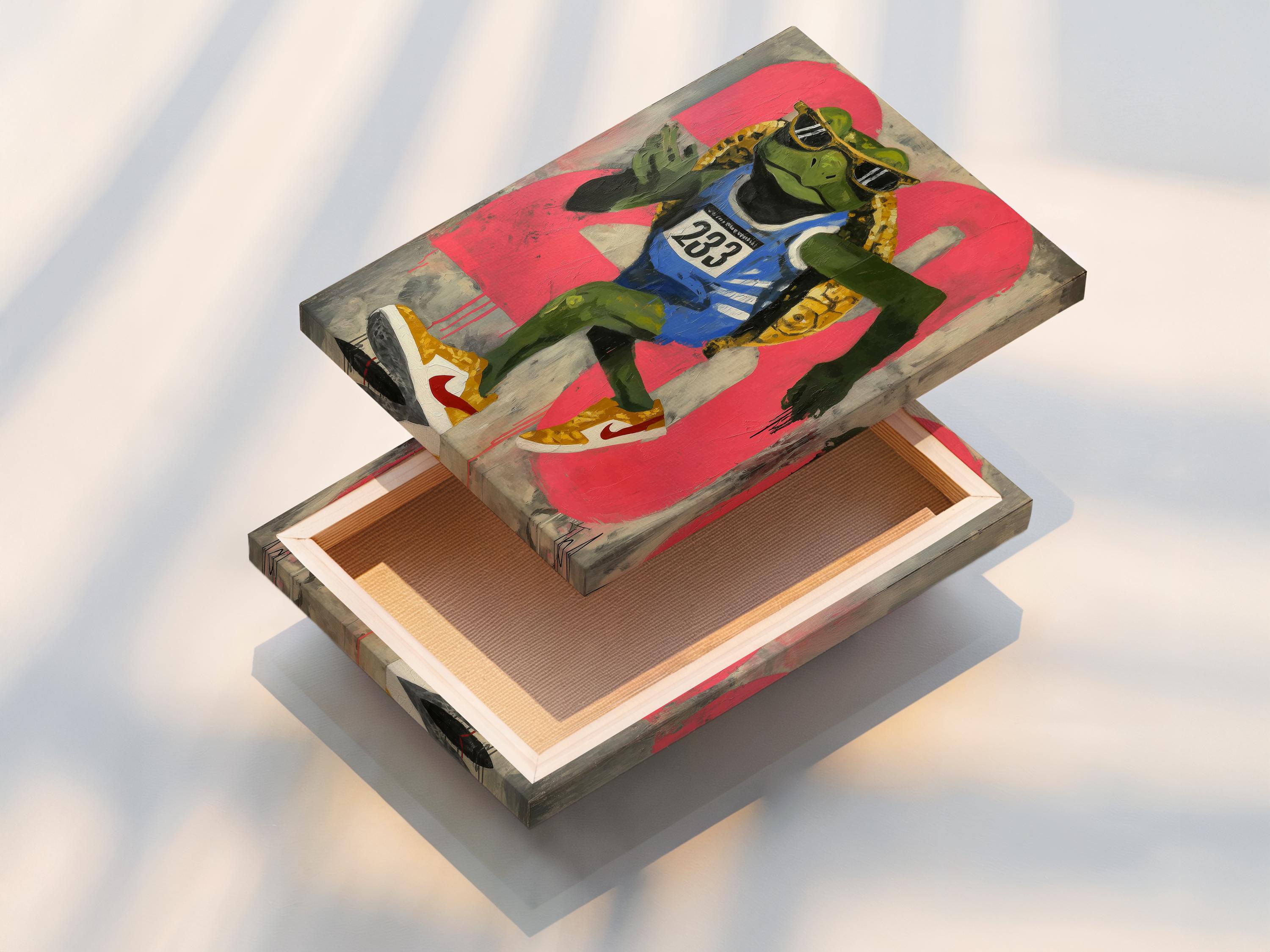 Hot pink graffiti-style runner turtle wearing black sunglasses and a “233” race bib detail view