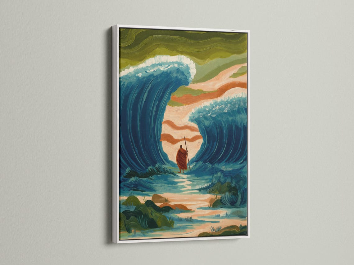 Painterly teal ocean scene with waves parting around a central figure holding a staff detail view