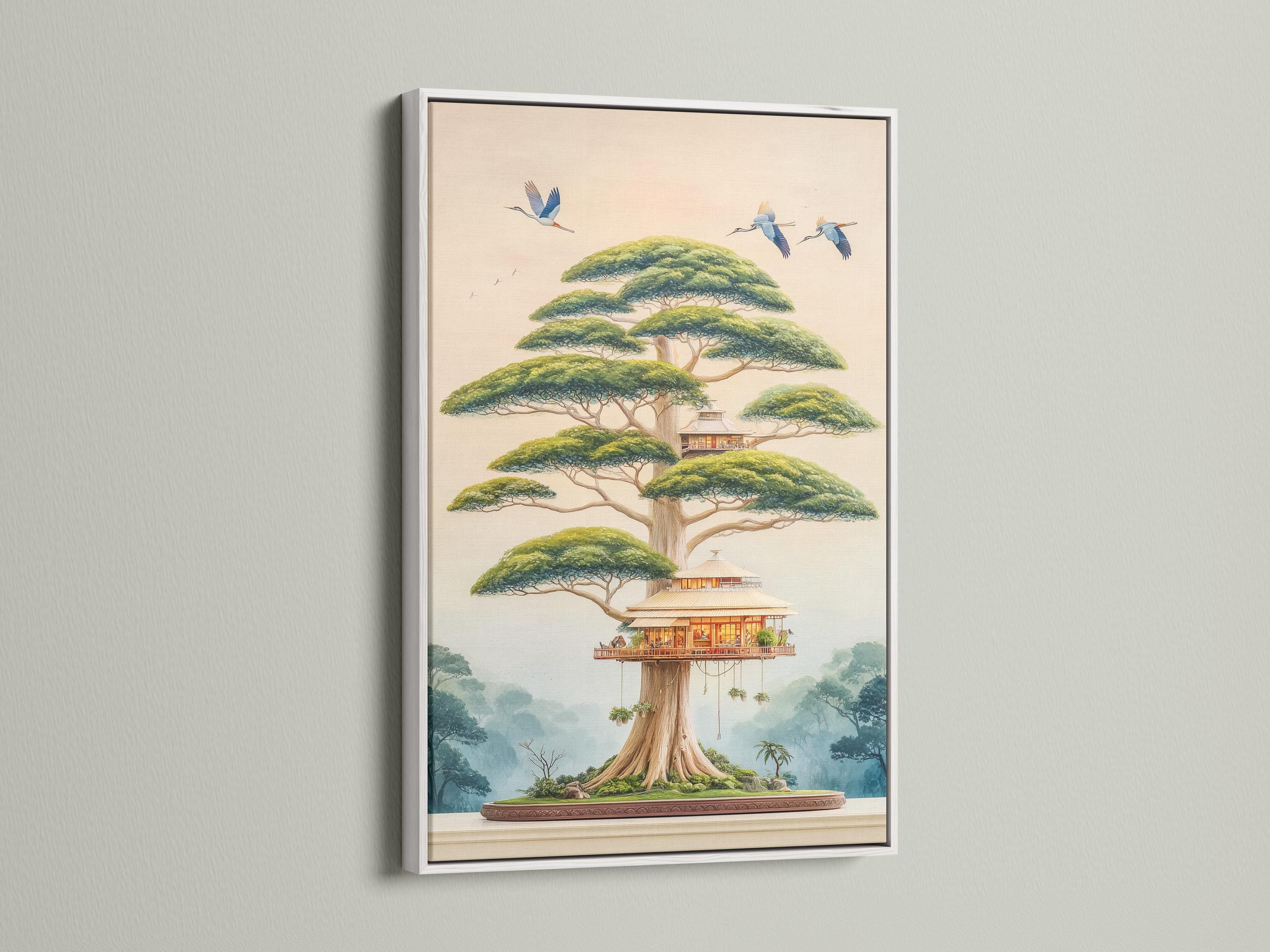 Bonsai-style tree house with blue birds flying over a misty landscape detail view