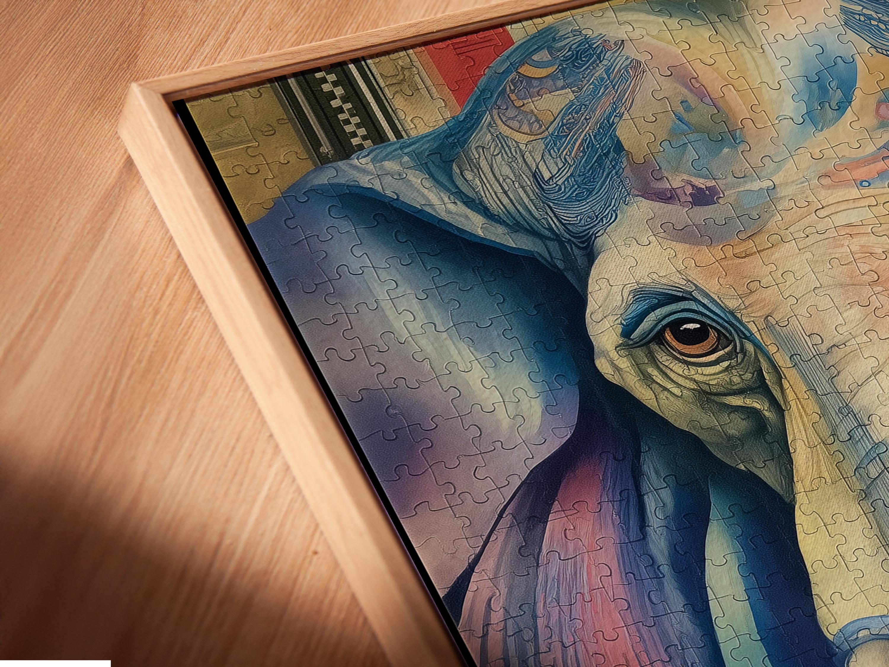 A stylised blue elephant portrait with patterned, map-like details sits centre-stage within a colourful, vintage-inspired background detail view