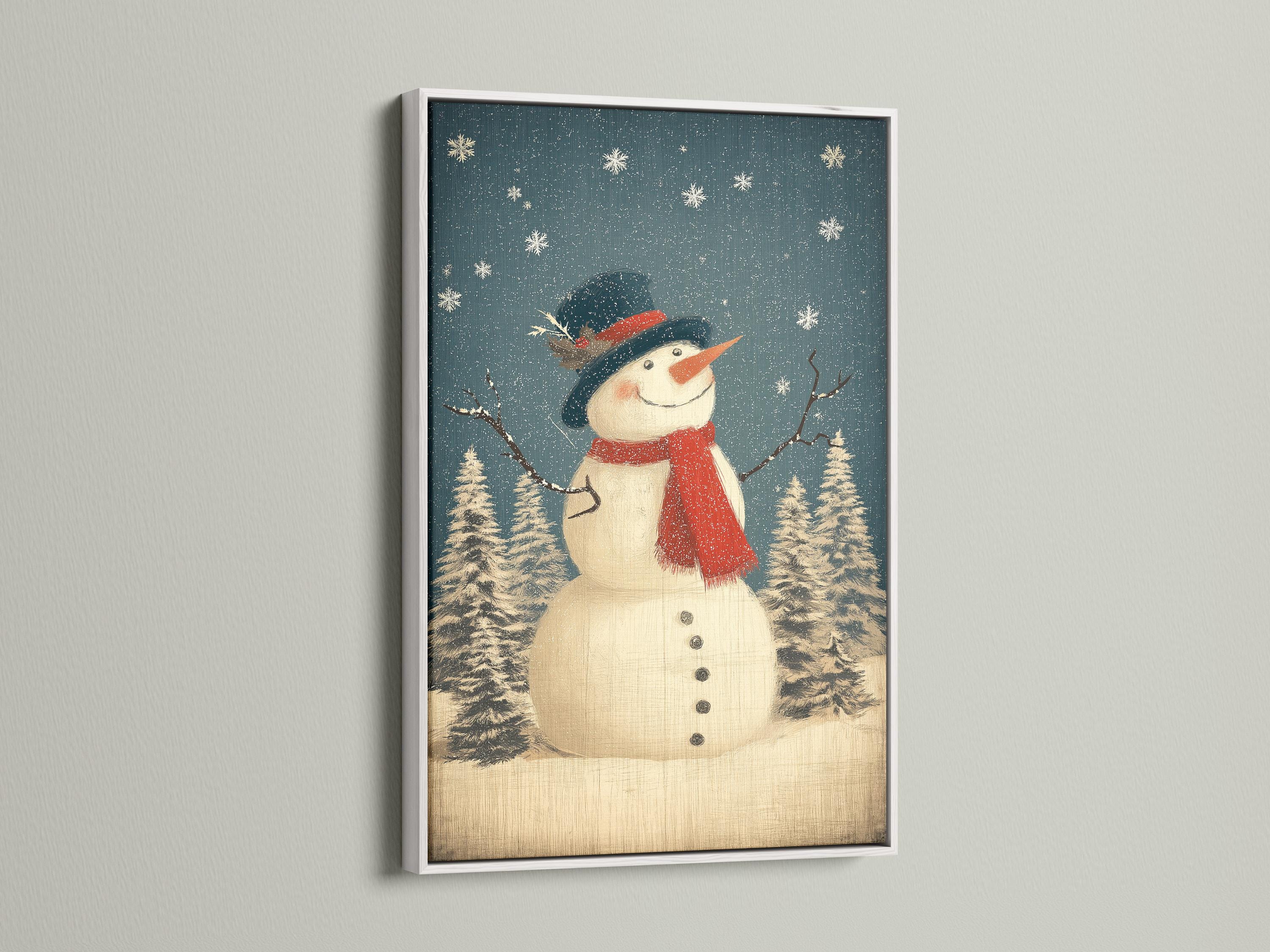 Smiling snowman with red scarf and dark hat in a snowy pine forest with falling snow detail view